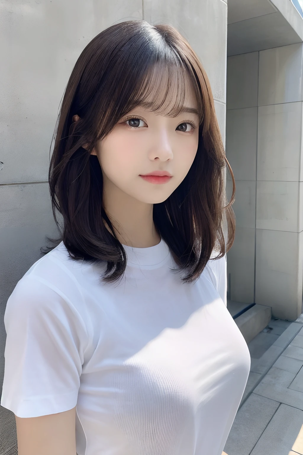 (tits out、white t-shirts)、(top-quality,masterpiece:1.3,超A high resolution,),(ultra-detailliert,Caustics),(Photorealsitic:1.4,RAW shooting,)Ultra-realistic capture,A highly detailed,high-definition16Kfor human skin、 Skin texture is natural、、The skin looks healthy with an even tone、 Use natural light and color,One Woman,japanes,,kawaii,A dark-haired,Middle hair,(depth of fields、chromatic abberation、、Wide range of lighting、Natural Shading、)、(Hair swaying in the wind:1.2)、Concrete background、Top margin、Hair of uniform shape on the left and right、