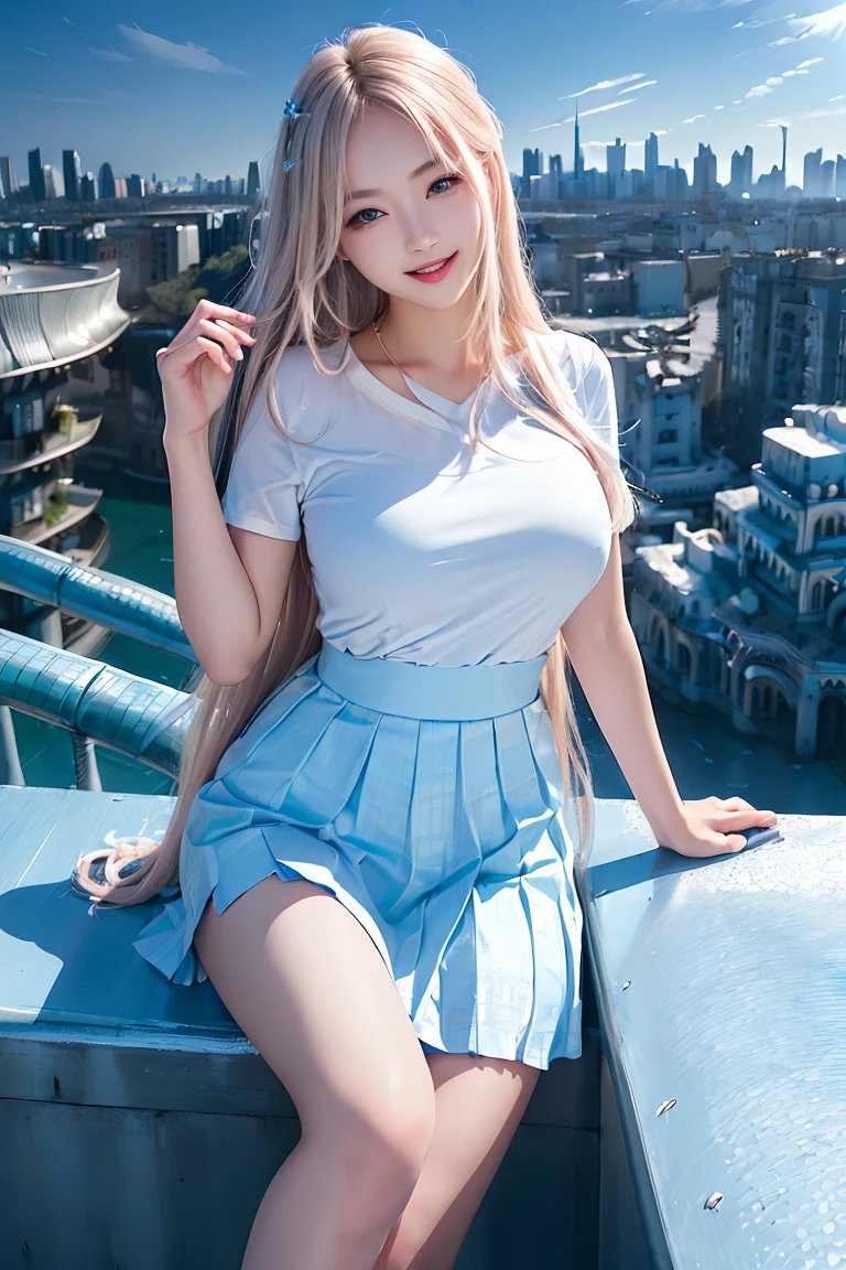 official art, masterpiece, sharp focus, (beautiful gorgeous cute Korean woman:1.3), (beautiful cute korean:1.3), korean beauty, Delicate and beautiful hair and eyes and face, realistic, ultra detailed, beautiful girl, blue sky, glow white particle, (sidelighting:1.2), sun light, white cloud, detailed clouds, slender, Lovely very large breasts and very large hips, smile with teeth, ((smile with eyes, open both eyes)), scenery, long straight hair, sexy facial expression, building, (cityscape:1.7), dynamic hair, long straight hair, detailed platinum pink hair, glow blue eyes, (blue pleated shirts + white skirt), white long socks, pale skin, hair ornament, epic scenery,