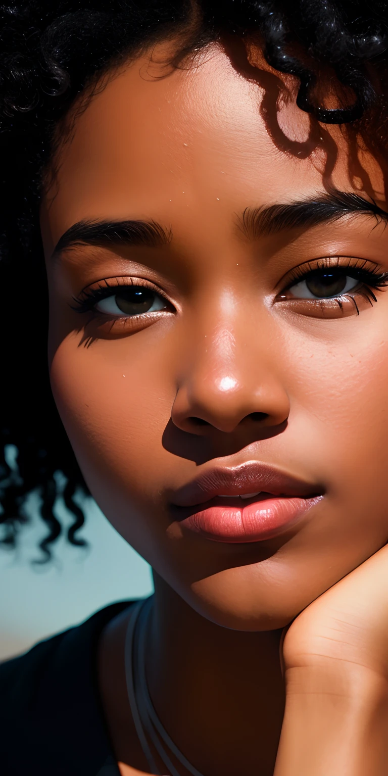 Beautiful student with ebony complexion, ((vue de face)), ((fosettes sur le menton)), look saisissant, Photorealistic thick and luscious lips, photographier, tmasterpiece, Realstic, realism, rendering, high contrast, photorealistic trendy digital art in Artstation 8k HD high definition detailed realistic , detailded, texture de la peau, hyper detailed, realistic skin texture, armure, beste-Qualit, ultra highres, (FotorRealstic: 1.4), high resolucion, detailded, Photo brute, Sharp re, par Lee Jeffries Nikon D850 film stock photographie 4 kodak appareil photo portra 400 objectif F1.6 Colors Rich Texture Hyper Realistic Dramatic Lighting Irrealengine Trend on ArtStation Cinestill 800,