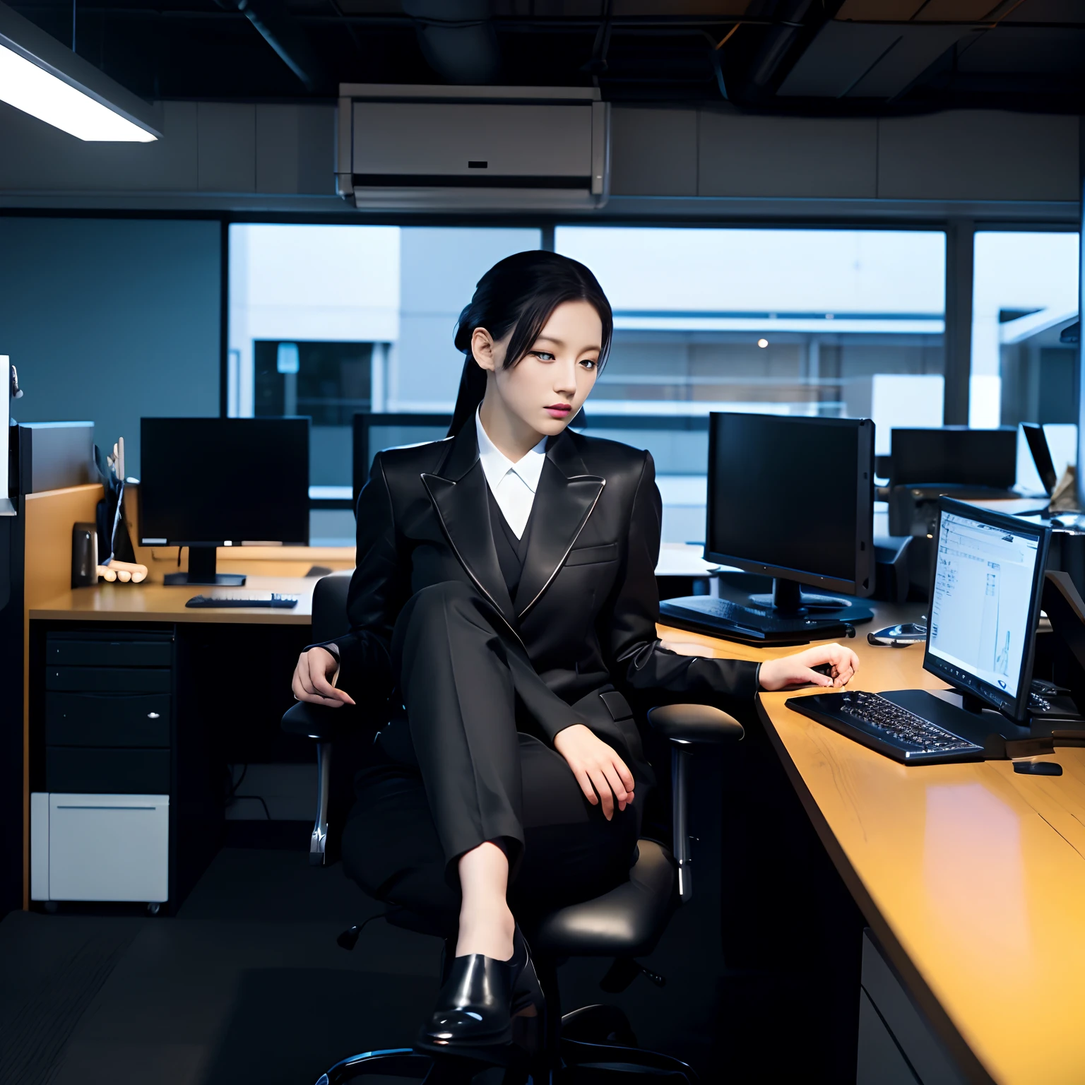 Wearing a black business pantsuit、Office in the Dark、facing a desk、While looking at the screen, tap the keys on the keyboard of the black laptop with the fingertips of the black leather gloves、Sitting on a black leather chair、Black hair ponytail、New beautiful female employee in Japan、Black Leather Knee High Long Boots