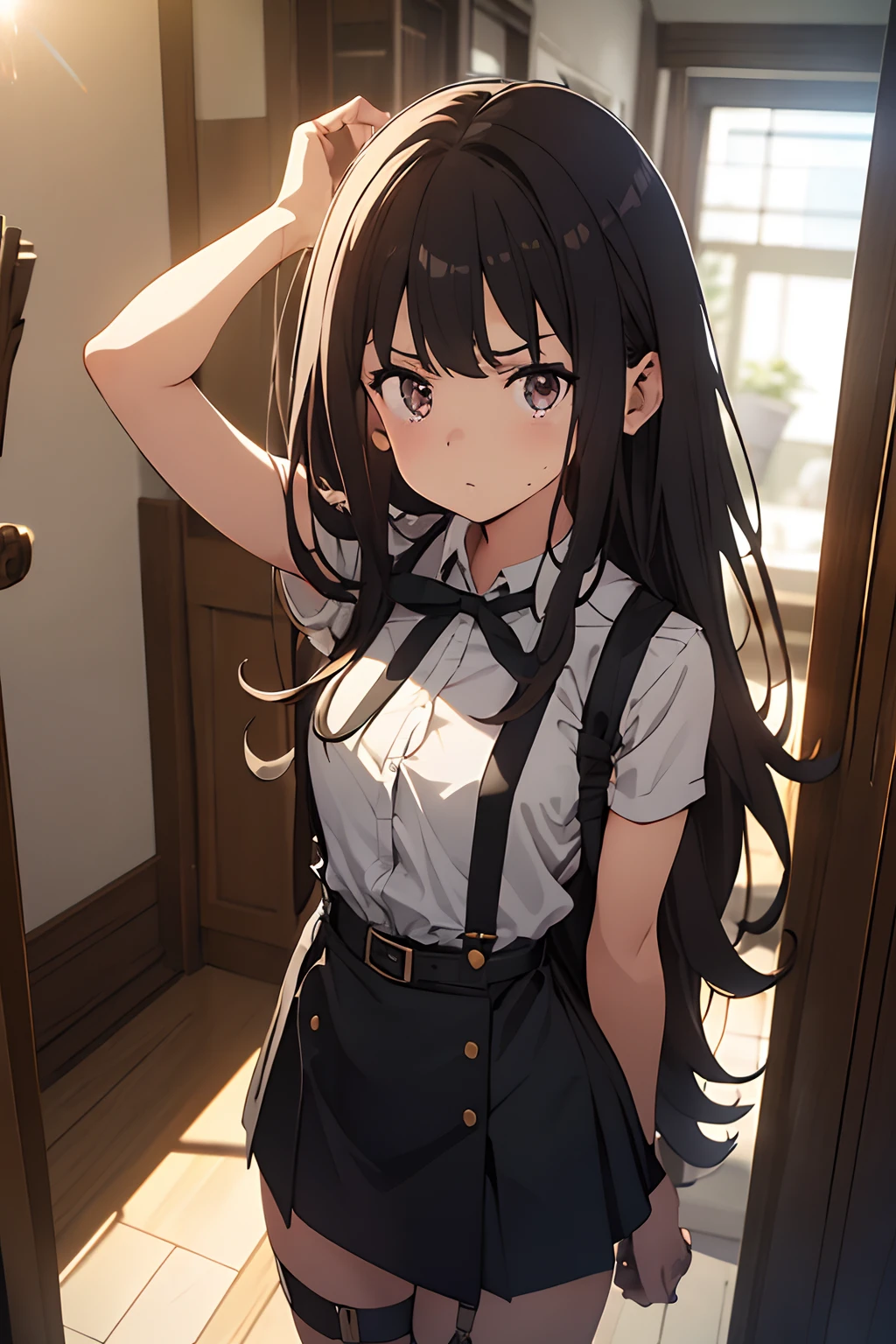 ​masterpiece、flat-colors、depth of fields、lens flare 1 girl、、Brown hair、watching at viewers　　　black suspenders　　　large full breasts　　　 　 Armpit sweat　perspiring　Side of both hands　　walls: 　Black miniskirt　garters　　　　　　Gaze　　　Small face　Bangs Upper Eyes　flank　　　　holster　　Belt Armament　Beautuful Women　srestrained　Hands behind your back　bet