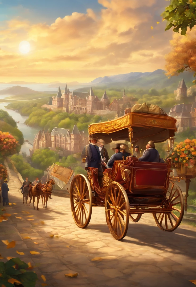 Game banner, A group of fat businessmen on the way, Next to the view, Hang money bags, Next to it is a carriage with treasure chests, Comic style
