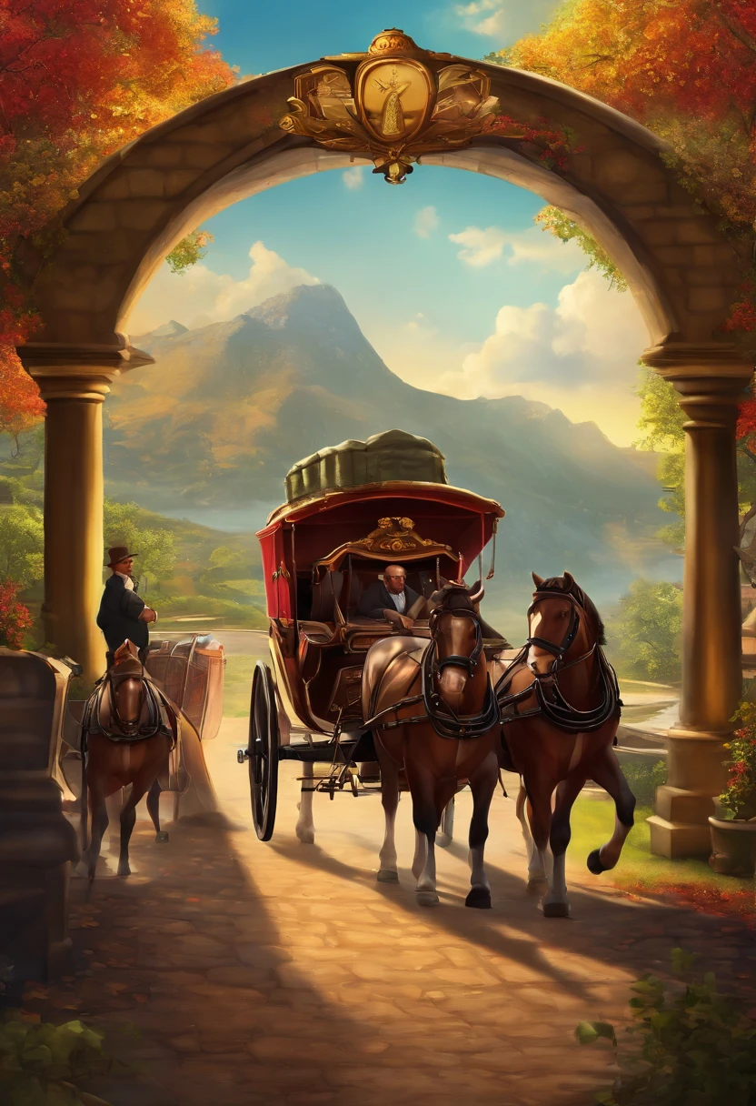 Game banner, A group of fat businessmen on the way, Next to the view, Hang money bags, Next to it is a carriage with treasure chests, Comic style