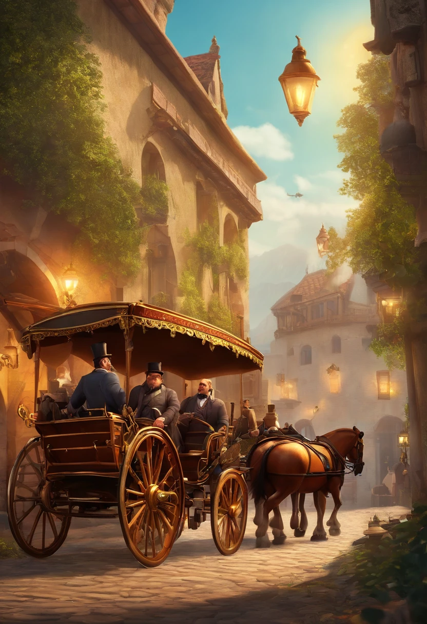 Game banner, A group of fat businessmen on the way, Next to the view, Hang money bags, Next to it is a carriage with treasure chests, Comic style