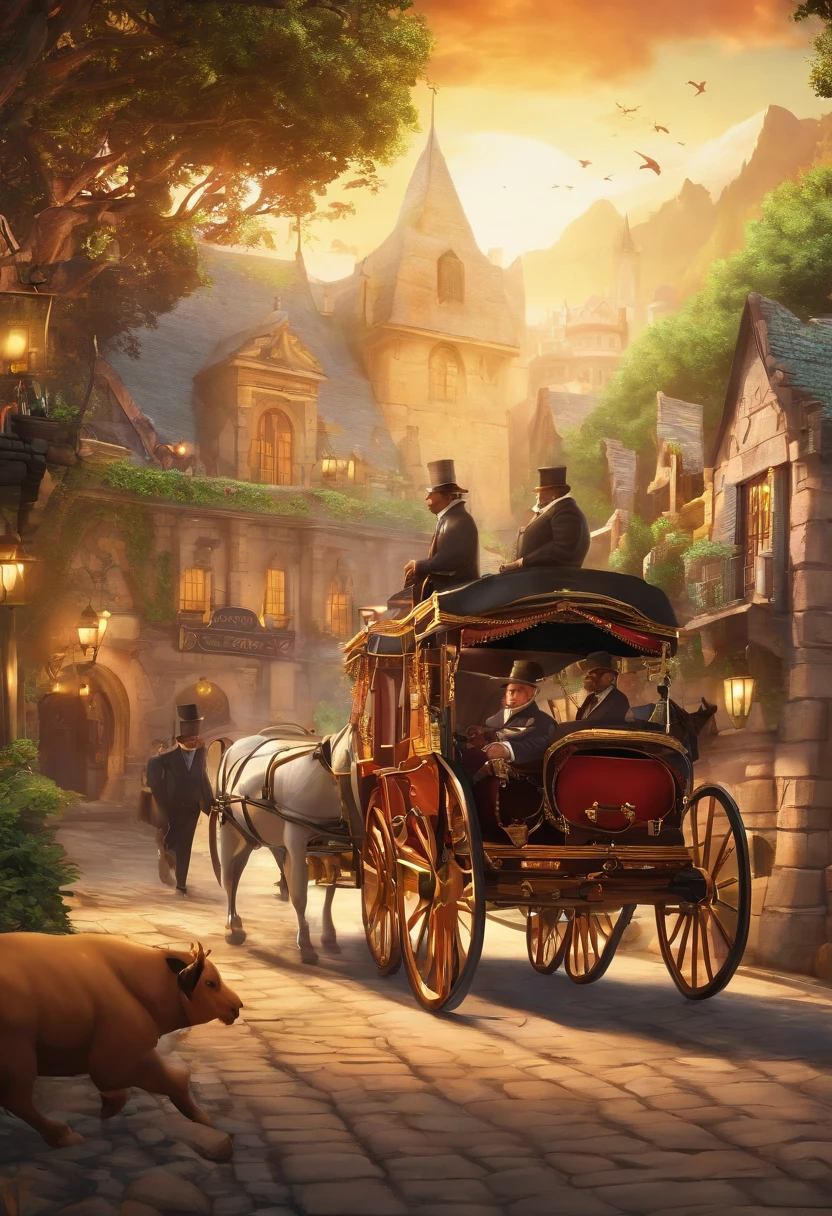 Game banner, A group of fat businessmen on the way, Next to the view, Hang money bags, Next to it is a carriage with treasure chests, Comic style