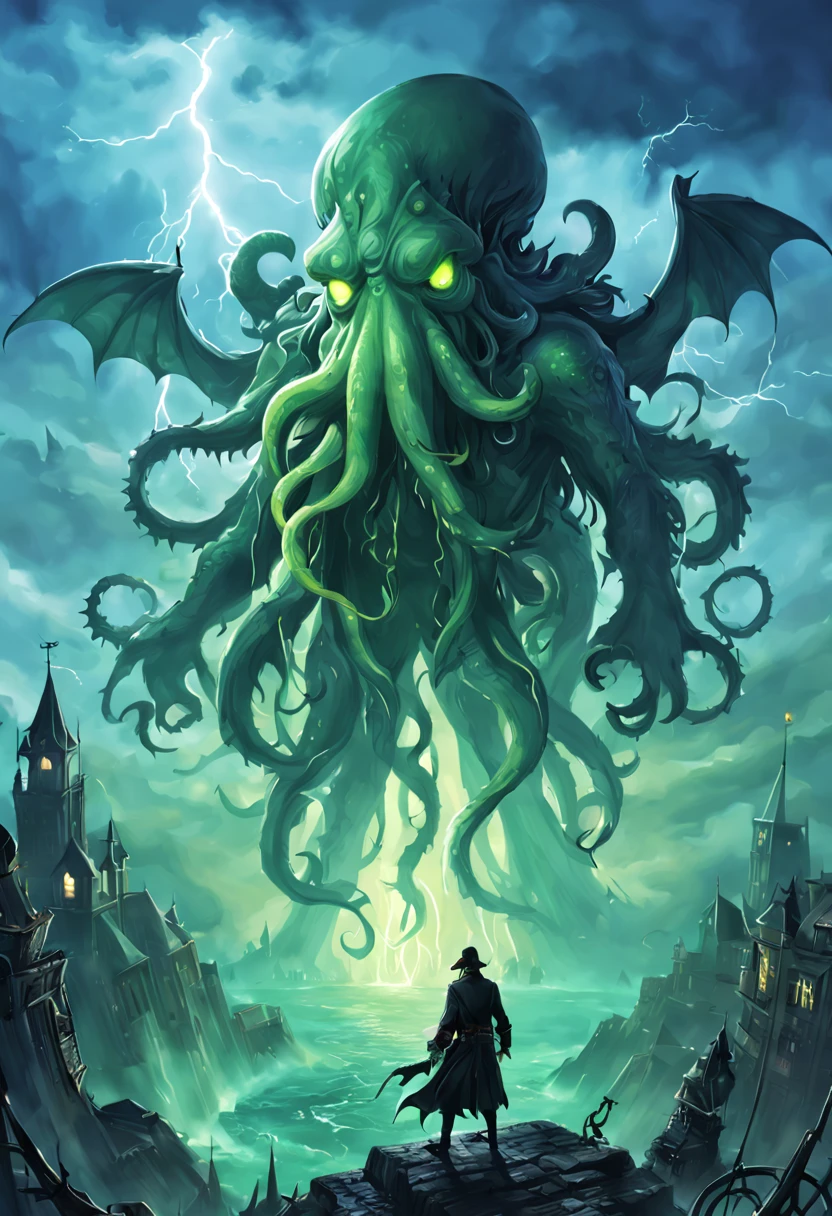 Anime Style Illustration, rear view, pirate on a precipice, giant green ((Cthulhu Monstrosity)), Eldritch horror, emerging from fog, toxic glow, lightning storm, lightning arcs, ruined gothic city background, sickly tint, vibrant, wide panoramic shot, extremely saturated, detailed, best quality