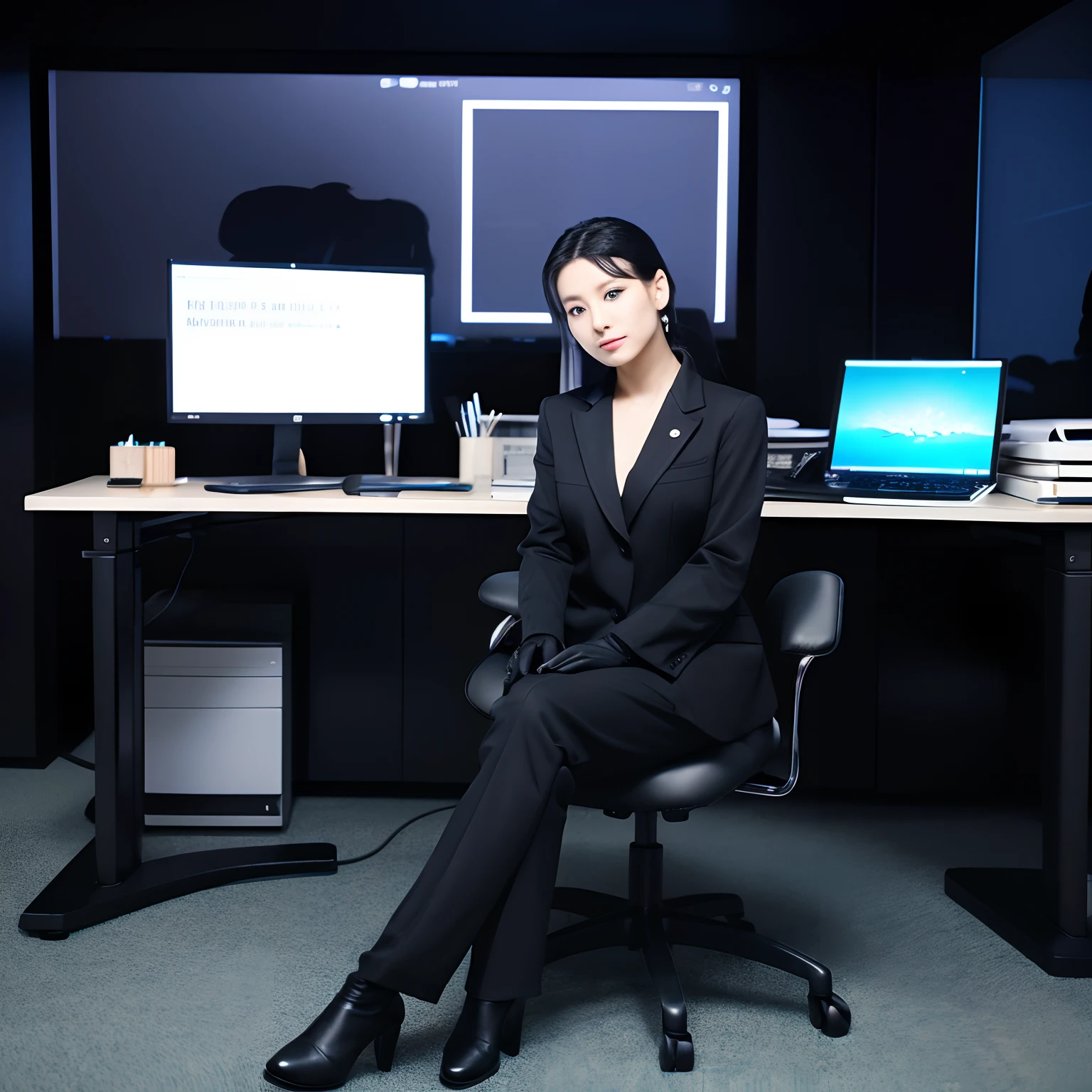 Wearing a black business pantsuit、Office in the Dark、facing a desk、While looking at the screen, tap the keys on the keyboard of the black laptop with the fingertips of the black leather gloves、Sitting on a black leather chair、Black hair ponytail、New beautiful female employee in Japan、Black Leather Knee High Long Boots