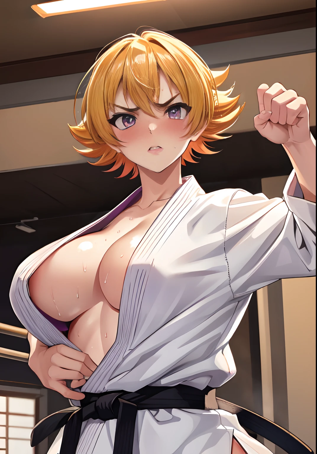 igawa,medium breasts,bouncing breasts,blonde hair,bobcut, purple eyes,cleavage,(karate gi,:1.2),(no bra,underboob:1.1),(micro panties:1.1),(sweat gleaming skin:1.1), (judo hall:1.3),(highres, high quality:1.1), intricate details, cinematic lighting, 1girl,(red blush,angry),(dynamic fighting pose:1.2),dynamic angle,from below,cameltoe,show off panties