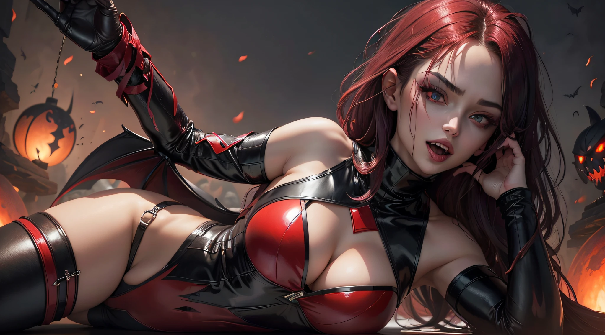 A female vampire,Dark sky background,A shining red moon,full-body portraits。stunningly beautiful,delicated face,Vibrant eyes,Tight Leather,turtleneck top,cropped shoulders,red color eyes,Vampire teeth fangs,Bleeding from the mouth,Bat wings,psychopathic smile,Scary,Open mouth,Sexy coat,spread their legs,