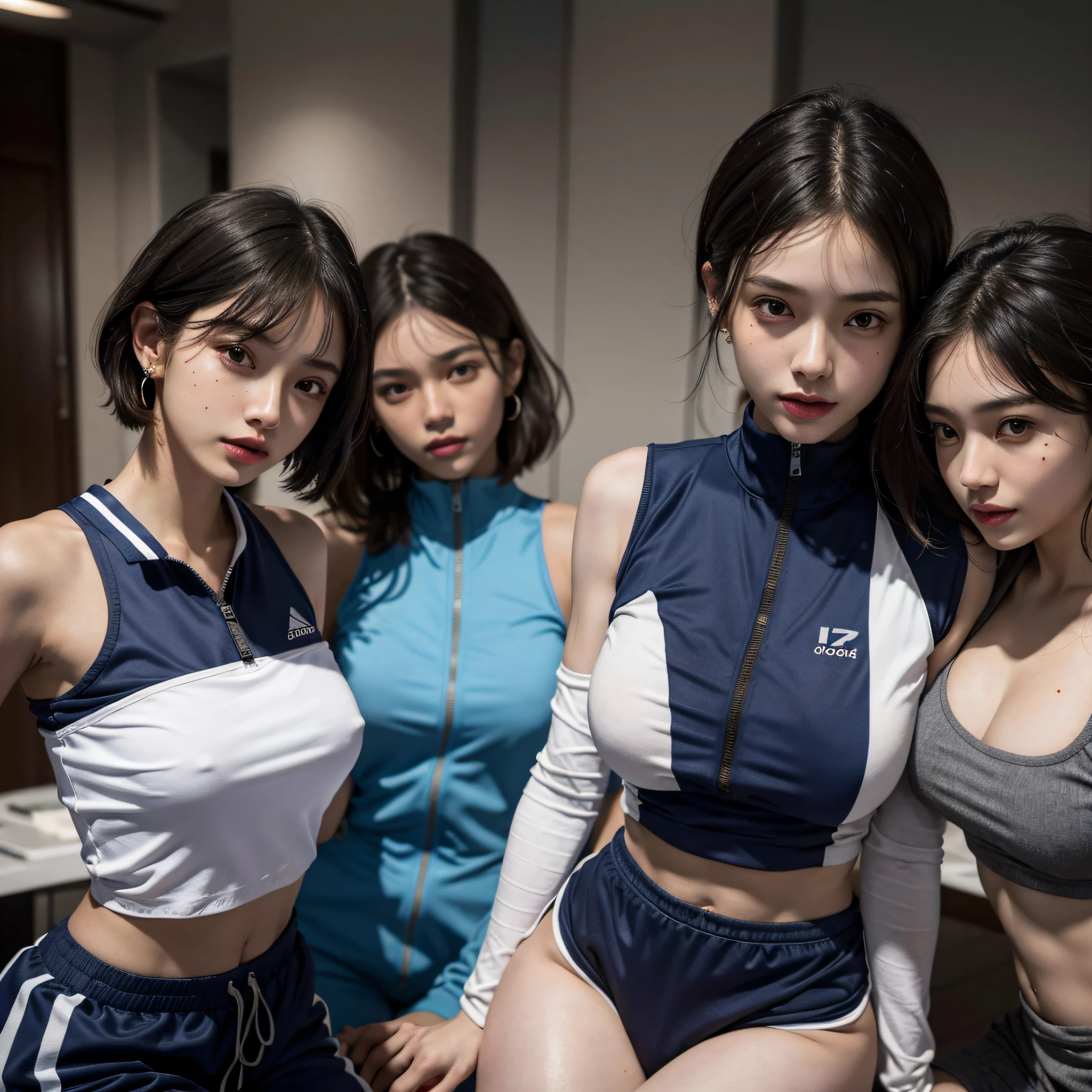 absurdres, RAW photo, extremely delicate and beautiful, masterpiece, Best Quality, ultra high resolution, 16k, hyperrealistic, ultra-detailed, perfect anatomy, super Detailed skin, perfect figure, Very detailed CG 8k wallpaper, in her 20s, very Slim body, narrow waist, very small head, very small face, delicate facial features, tearful mole, mole on chest, earring, thin legs, (very huge round breasts), midriff, sleeveless, (full body shot), (((3 girls))), short medium hair, ((track suit)), yuri,