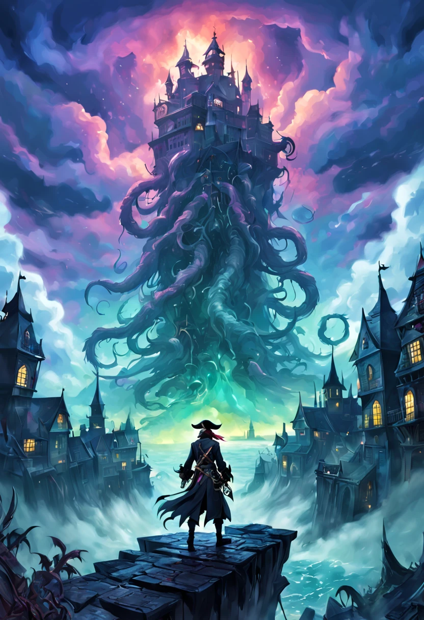 Anime Style Illustration, rear view, pirate on a precipice, giant iridescent Eldritch horror, emerging from fog, toxic glow, stormy sky, ruined gothic city background, scale contrast, vibrant colors, ultra-wide panoramic shot, high contrast, sharp focus, saturated, (detailed:1.2), elaborate, best quality