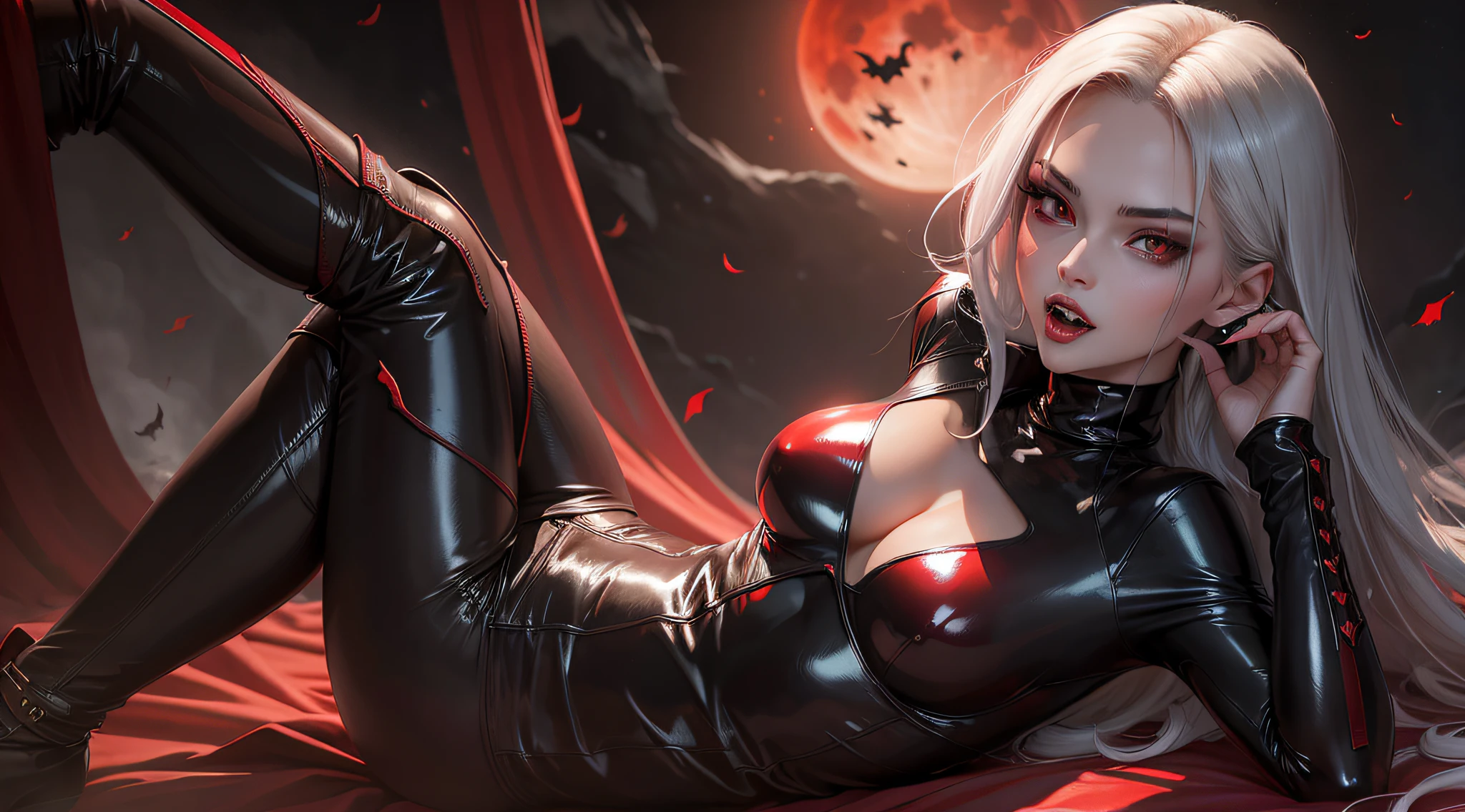 A female vampire,Dark sky background,A shining red moon,full-body portraits。stunningly beautiful,delicated face,Vibrant eyes,Tight Leather,turtleneck top,cropped shoulders,red color eyes,Vampire teeth fangs,Bleeding from the mouth,Bat wings,psychopathic smile,Scary,Open mouth,Sexy coat,spread their legs,