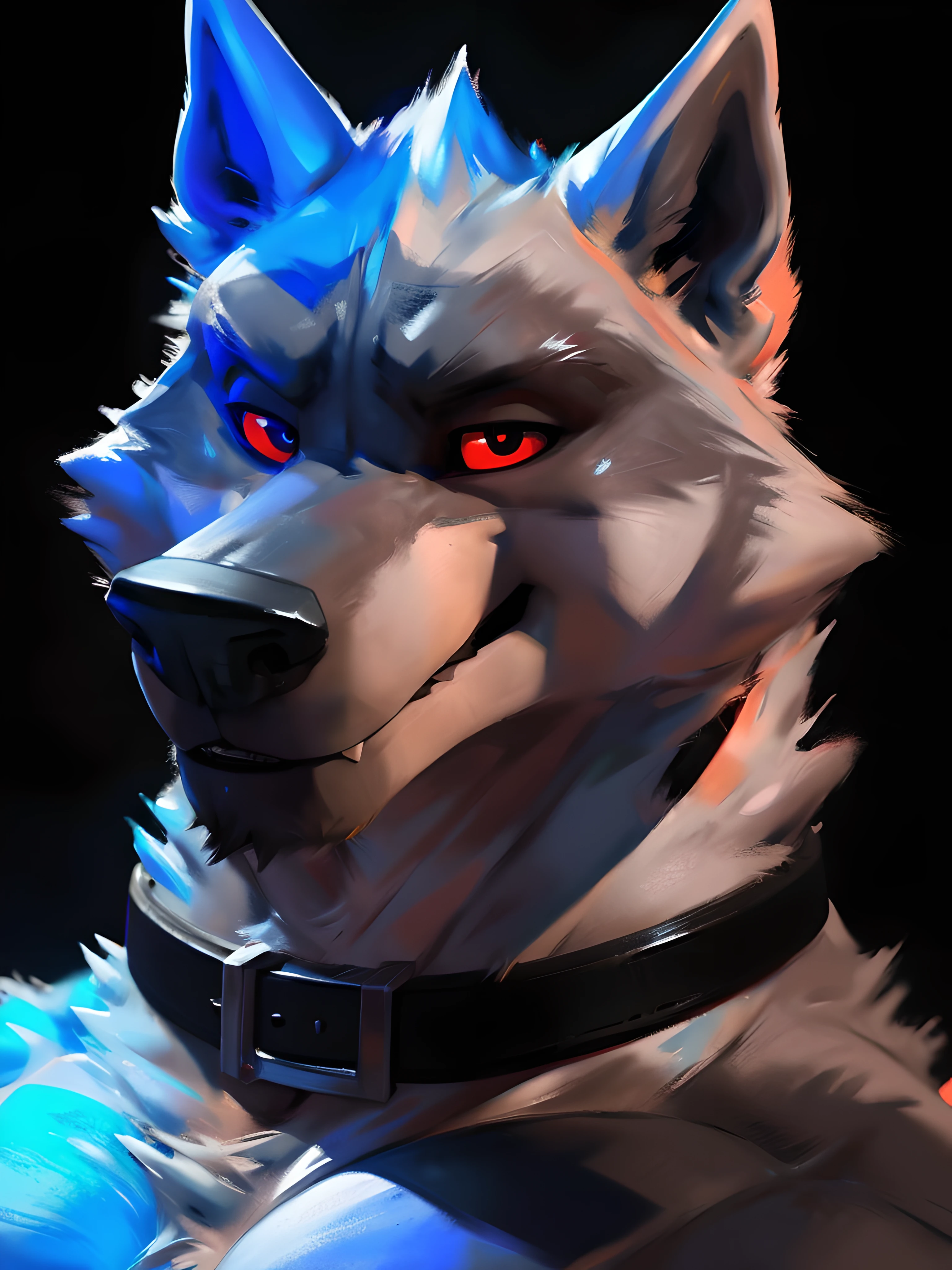 deathwolf, (dark room background), (close-up, collar, fingers on neck:1.2), very muscular, sexy, male, wolf, masculine, smug smile, speaking mouth, detailed red eyes, (by juiceps, by darkgem, by taran fiddler), perfect colors, perfect shadows, detailed, sexy, looking at camera, 3d render, pixar fur, 3d render, (darkness:1.3)