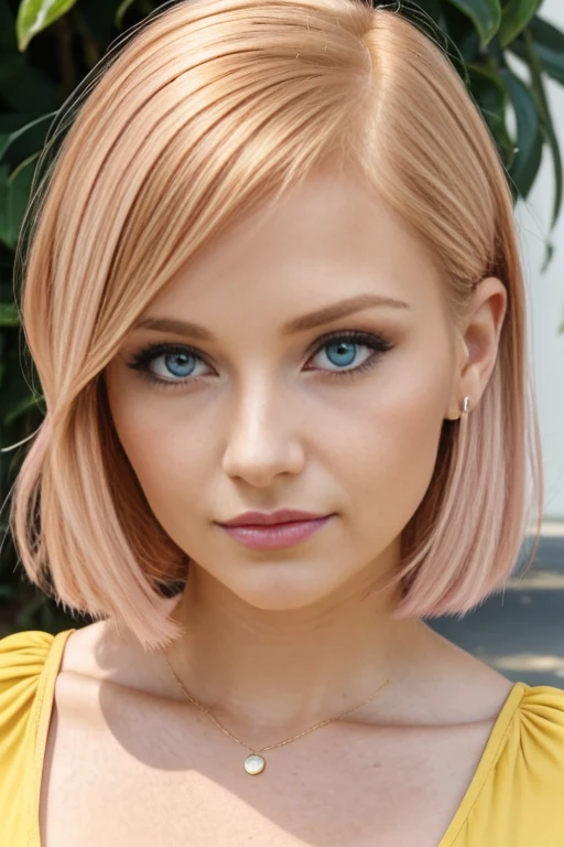 Petite 30 year old woman with light strawberryblonde hair in a straight undercut bob and striking blue eyes wearing eye liner, pink lips, in a yellow summer dress, detailed face, cleavage, nose piercing