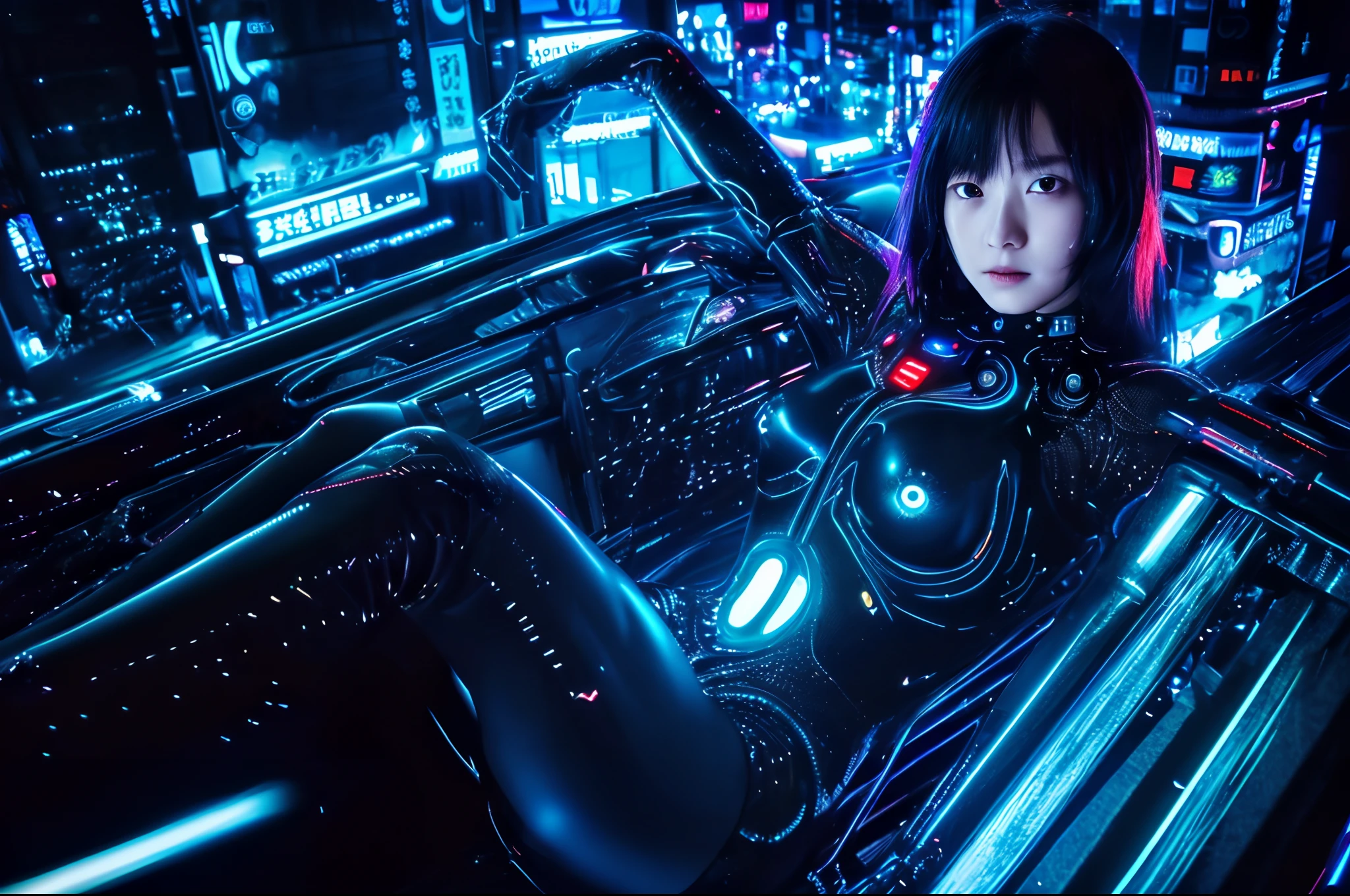 photo, high quality, (close-up shot of 1girl), to8contrast style,mechanical arms, cyborg, slime colored skin, liquid slime skin, arms up, face mask, slime girl, red eyes,(((alone in the darkness, night tokyo background, unlit, hard shadows, deep contrast))), pantyhose, blue lights, modelshoot style, small breasts,(extremely detailed CG unity 8k wallpaper), full body, most beautiful artwork in the world, trending on ArtStation, trending on CGSociety, Intricate, High Detail, Sharp focus, dramatic, night starry sky, photorealistic painting art by midjourney and ilya kuvshinov,