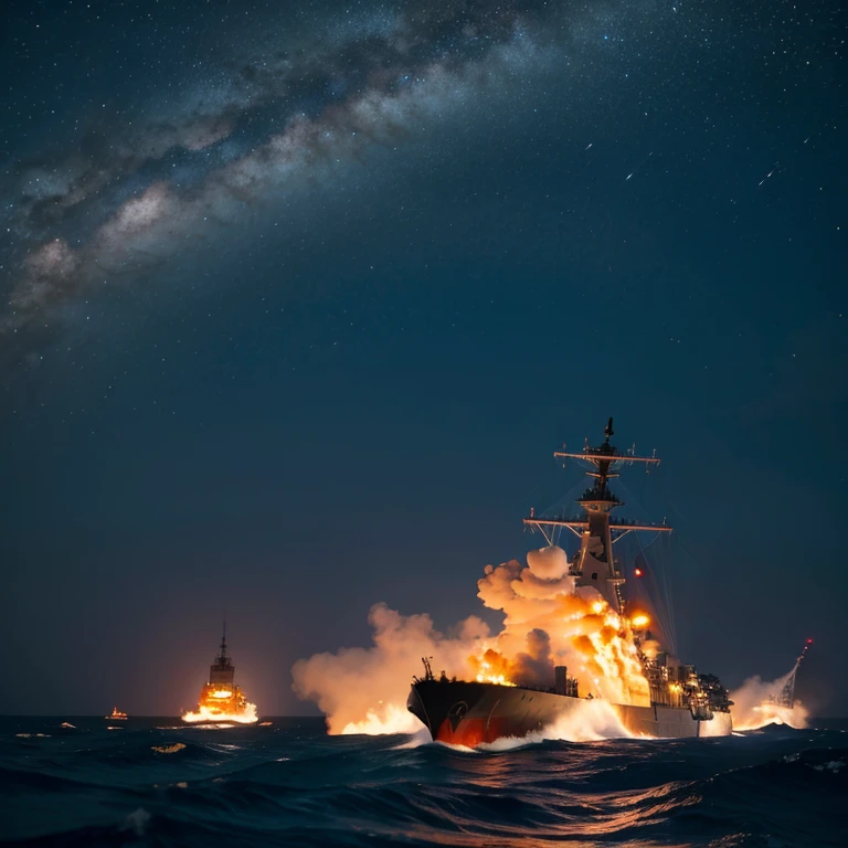 warships,Fire,火焰,the sea,Greatwave,nigh sky。