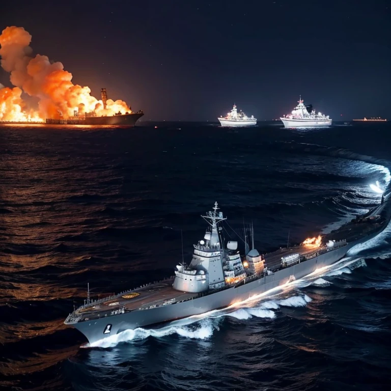 warships，Fire，火焰，the sea，Greatwave，nigh sky。