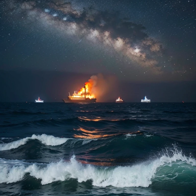 warships,Fire,火焰,the sea,Greatwave,nigh sky。
