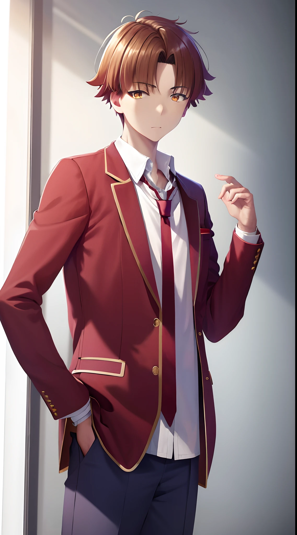 masterpiece, best quality, highres, 1boy kiyotaka ayanokoji, school uniform white shirt red jacket open jacket blue necktie green pants hand on hip, looking at viewer