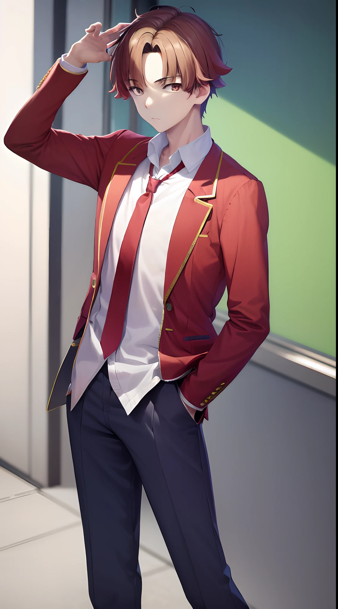 masterpiece, best quality, highres, 1boy kiyotaka ayanokoji, school uniform white shirt red jacket open jacket blue necktie green pants hand on hip, looking at viewer