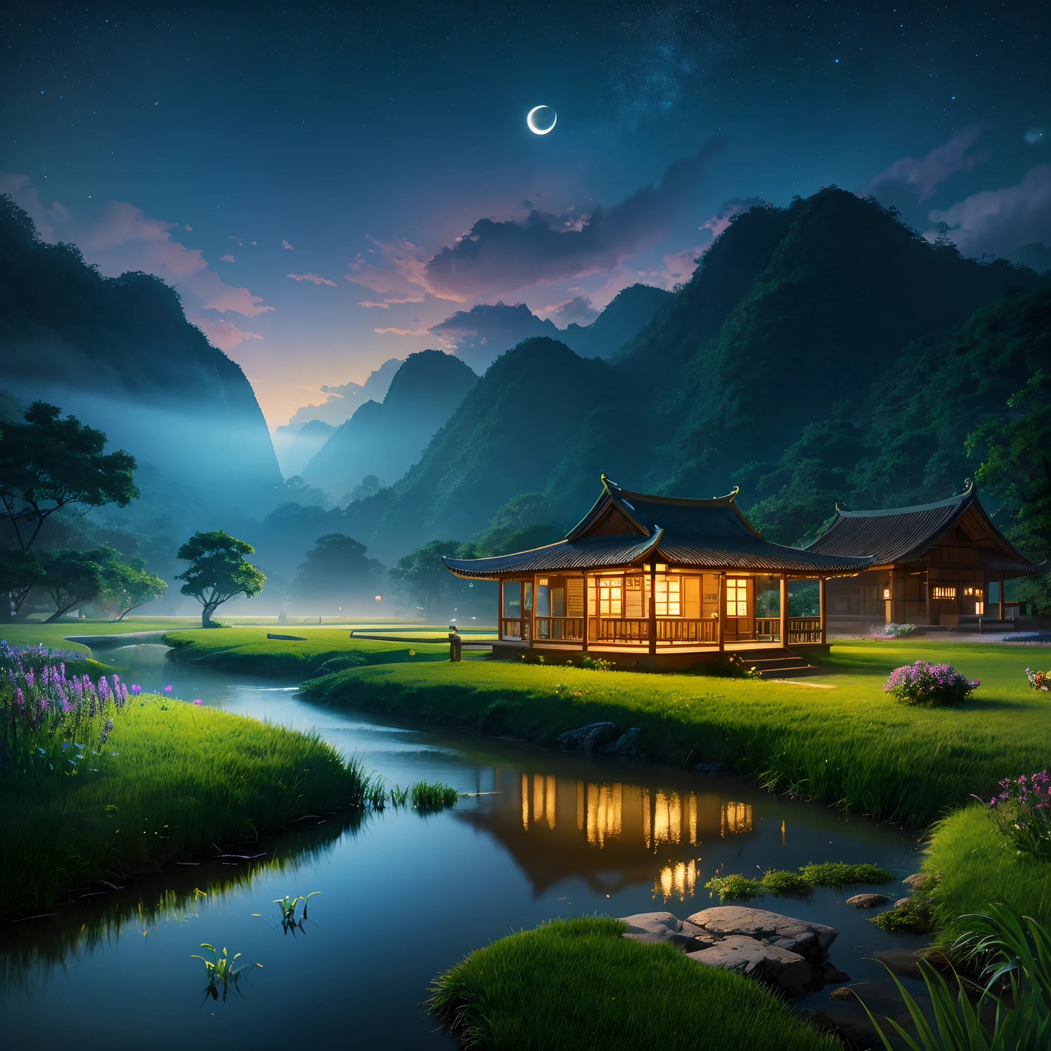 Night view with Asian house, vietnam, vietnam, Ha Giang Province, Moon, Lake in the foreground, calm night, Green and blue, Digital Illustration, 4K highly detailed digital art, nighttime scene, anime art wallpaper 4k, anime art wallpaper 4k, 4k detailed digital art, nighttime nature landscape, Anime art wallpaper 8k, background artwork, beautiful art uhd 4 k, 4K HD Illustration Wallpapers