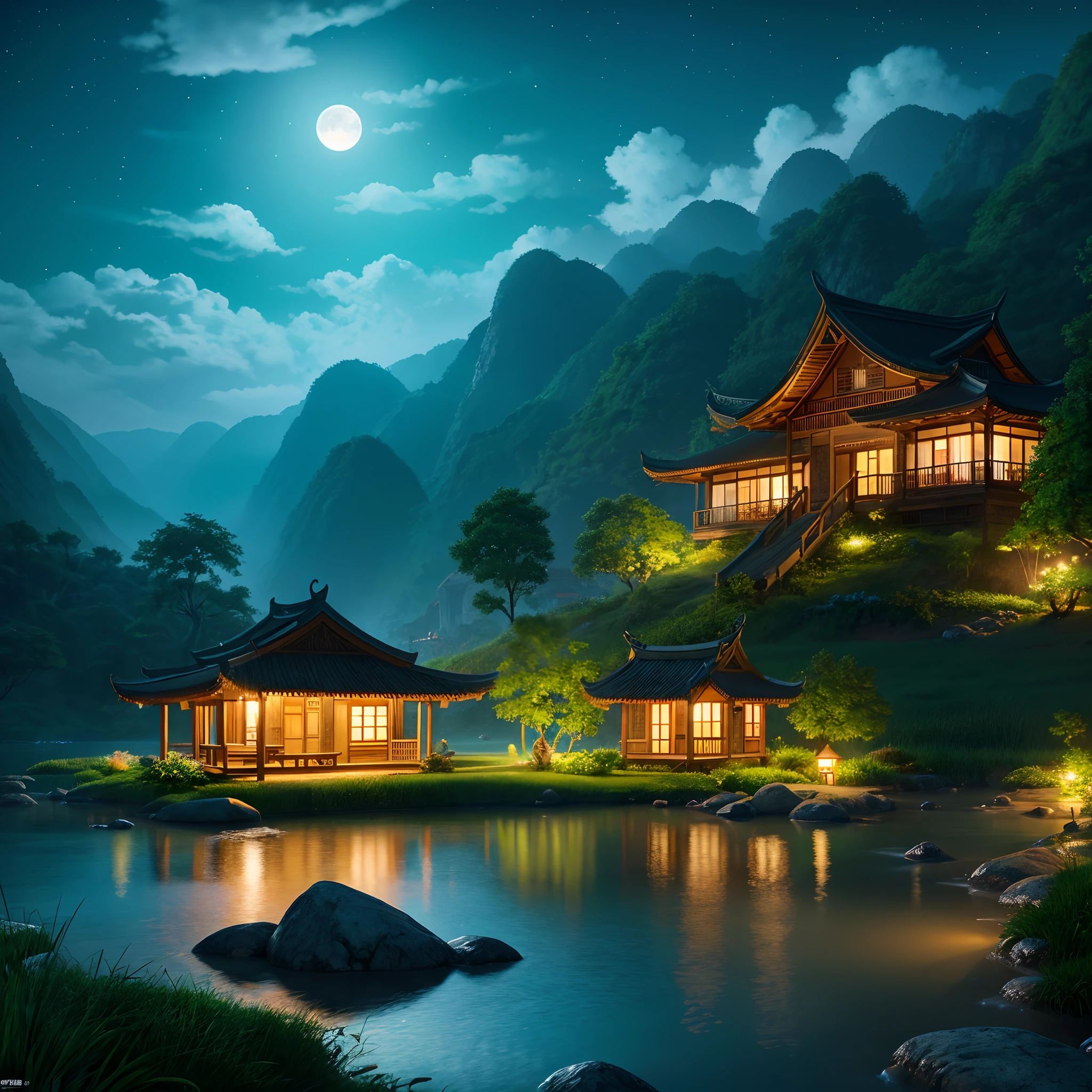 Night view with Asian house, vietnam, vietnam, Ha Giang Province, Moon, Lake in the foreground, calm night, Green and blue, Digital Illustration, 4K highly detailed digital art, nighttime scene, anime art wallpaper 4k, anime art wallpaper 4k, 4k detailed digital art, nighttime nature landscape, Anime art wallpaper 8k, background artwork, beautiful art uhd 4 k, 4K HD Illustration Wallpapers