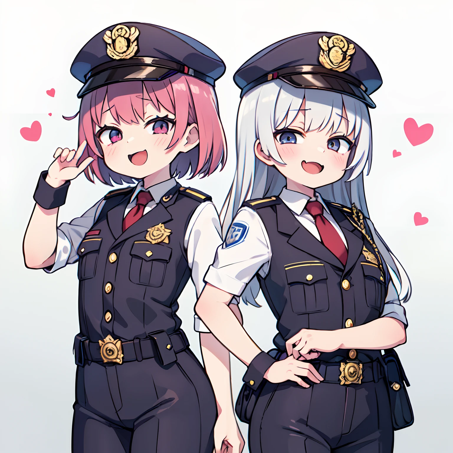 (Best Quality:1.2),(masutepiece:1.2),  multipel Girls,hightquality、hight resolution、High quality、2girls。policewoman。female cop。Lori。mesugaki,policeman's cap。(Yuri:0.7),Gray background, Same uniform,pink hair,yellow hair,flat breast,