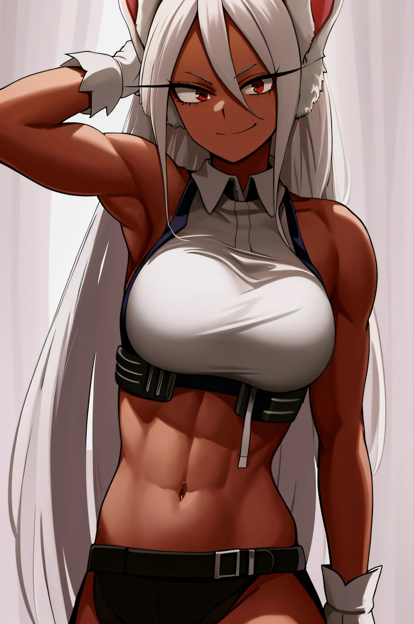 scan, (extremely detailed CG unity 8k wallpaper:1.1), highres, (1girl), mirkomha, boku no hero academia, rabbit ears, ((dark-skinned female)), ((dark skin)), red eyes, white gloves, (white hair, long hair), large breasts, night, looking at viewer, smirk, house, bed, muscular, muscle, belly, armpits, nude, desnudo, breasts