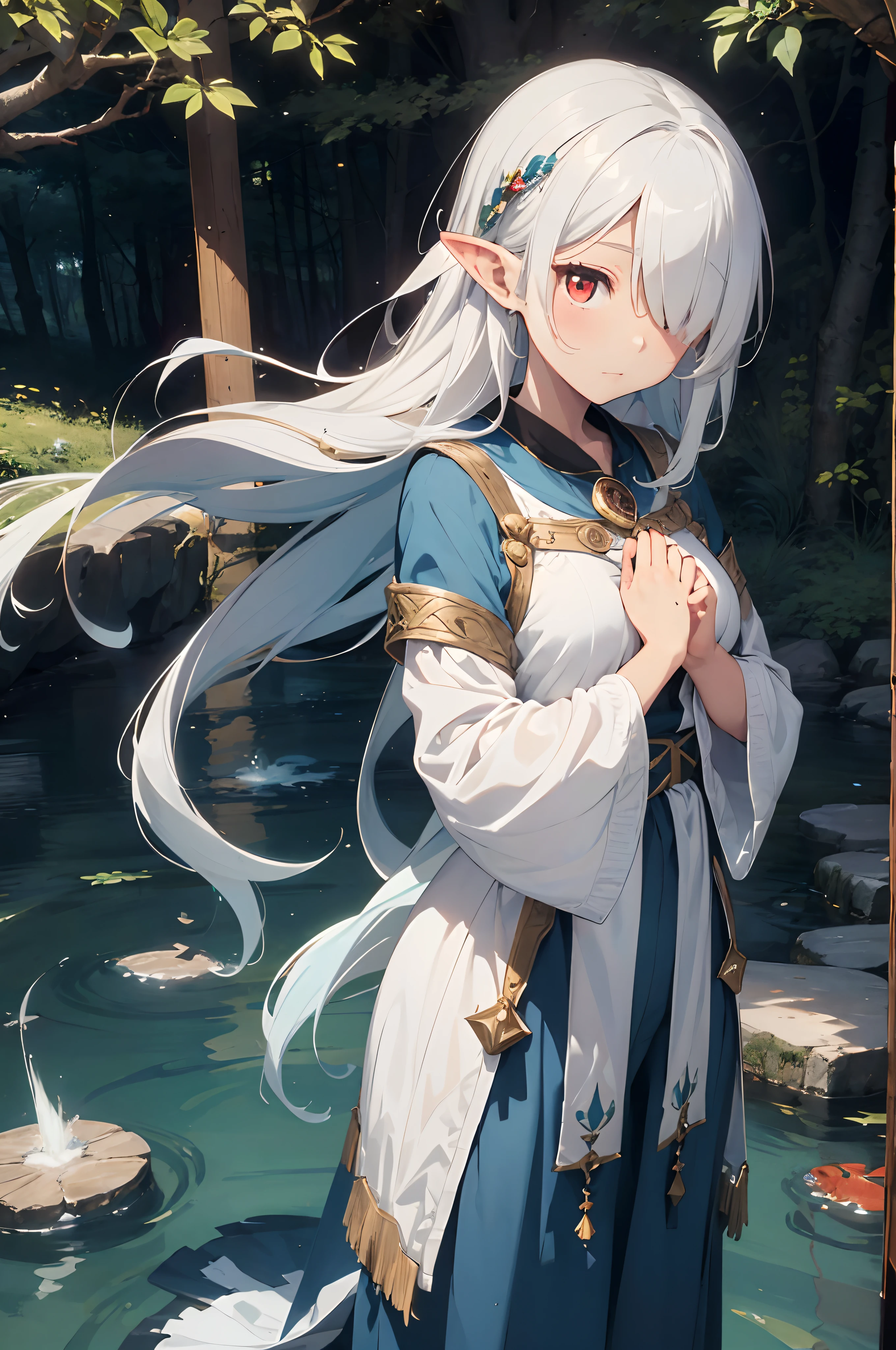 (masterpiece), elf ears, 1 young girl, high quality, ((red eyes)), (hair over one eye, long, white hair), shy ,((fantasy light blue druid outfit)), druid long pants, standing, plain background, (((hair over one eye))), praying hands, light blue and white druidic dress, light blue dress details color, (koi carps drawings ornaments), spirit druid style, druidic, fantasy, ghostly, masterpiece, perfectly drawn, a third eye tatoo