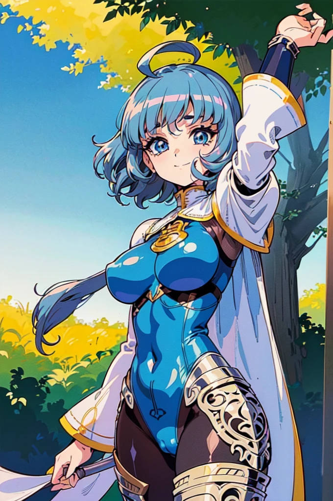 "(masterpiece:1.1), best quality, 
1girl, (80s anime style:1.3), (eyelashes:1.5), (li:1.4), 
(intricate high detailed body:1.2), 
blue hair, 
(forehead, short blunt bangs:1.2), (short hair, wavy hair:1.1), 
blue eyes,  
(gigantic breasts:1.1),
(happy, smile:1.2),
(silver embroidery body suit armor, navel cutout, tattoo:1.2), (pantyhose:1.1), 
(knight armor, armored boots, capelet:1.2), (fur:1.1), (ahoge:1.2), sleeve, 
standing, claw pose, 
(upper body, cowboy shot, looking at viewer, from front:1.1),
(daytime, grassland, outdoors:1.1)"