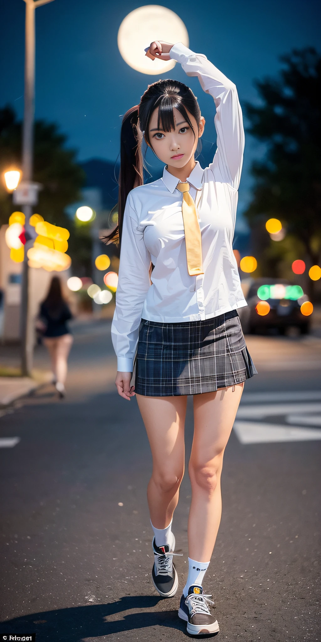 (8k, RAW photos, best quality, masterpieces: 1.2), (Shinjuku at night Japan), (sidewalk), (professional lighting), (photon mapping), (one girl), (solo: 1.3), (full body), (sexy), (light brown medium hair), (see-through wet white panties: 1.3), (camel toe), (Japan girls' high school uniform), (dark blue blazer), ( Short plaid skirt: 1.2), (white shirt for students), (tie), (black loafers with the same dark blue socks on both legs: 1.5), (detail), (beautiful face), (perfect proportions), (long legs: 1.1), (thin breasts), (panties visible from under the skirt), (detailed female pubic shape clearly visible:1.3), (pubic hair:1.1), (bare feet), ( Low Angle:1.2), (Realistic), (without panties)