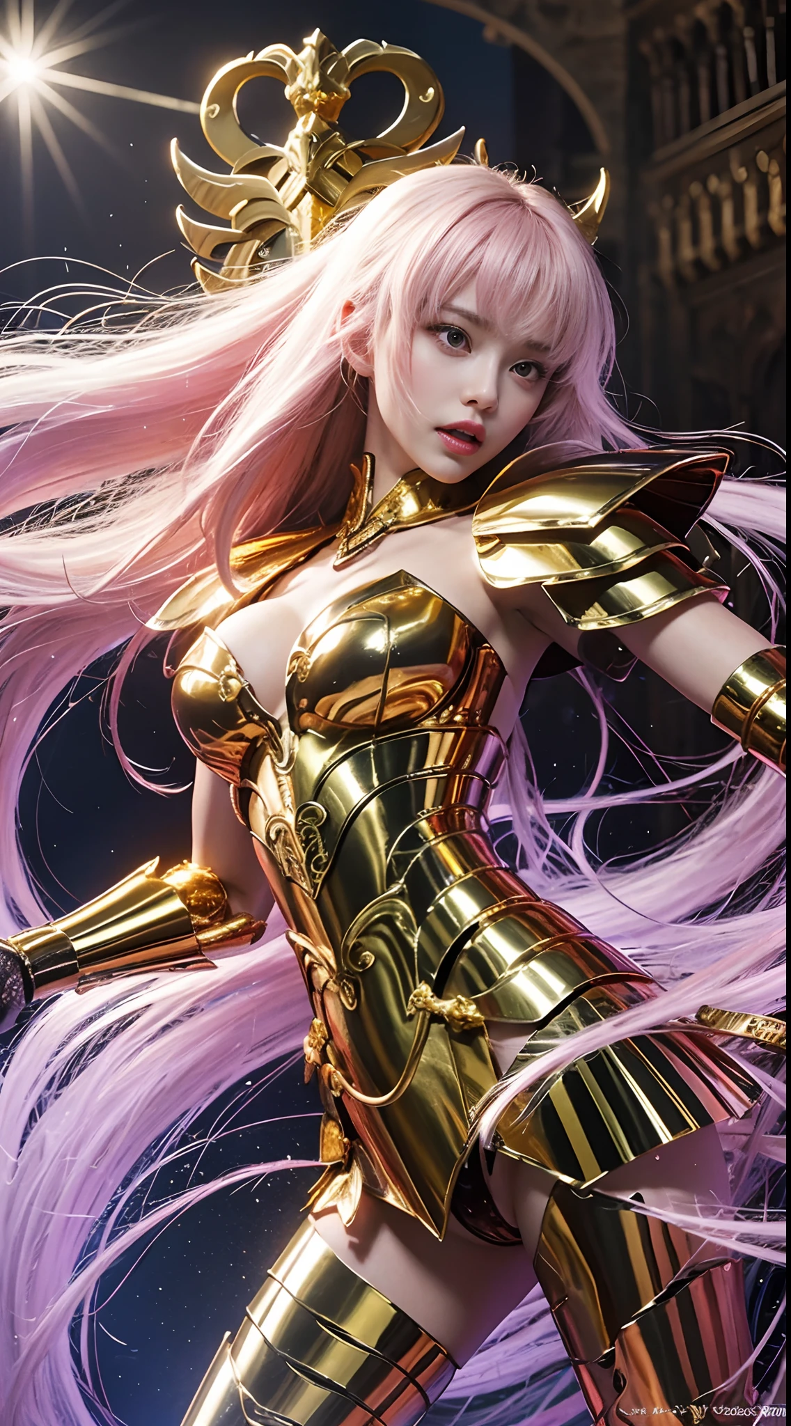 In the martial arts arena of the Colosseum in Greece、Martial Arts Tournaments、Saint Seiya、Beautiful One Girl、huge-breasted、cleavage of the breast、beauty legs、(((Wearing metallic glowing futuristic combat armor)))、((Metal Armor))、((Scream))、((exclamation))、((fighting poses))、8k, top-quality, （pubic hair beauty）、hight resolution, 逼真, realperson,