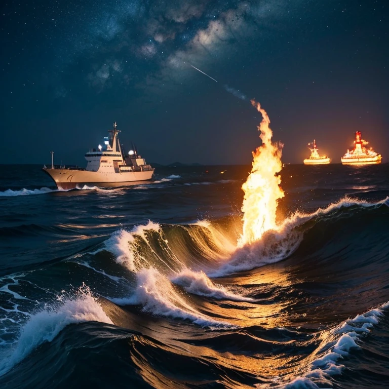warships,Fire,火焰,the sea,Greatwave,nigh sky。