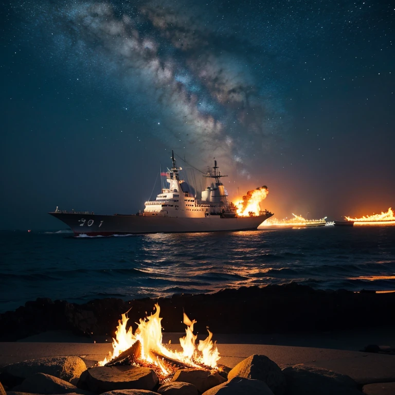 warships，Fire，火焰，the sea，Greatwave，nigh sky。