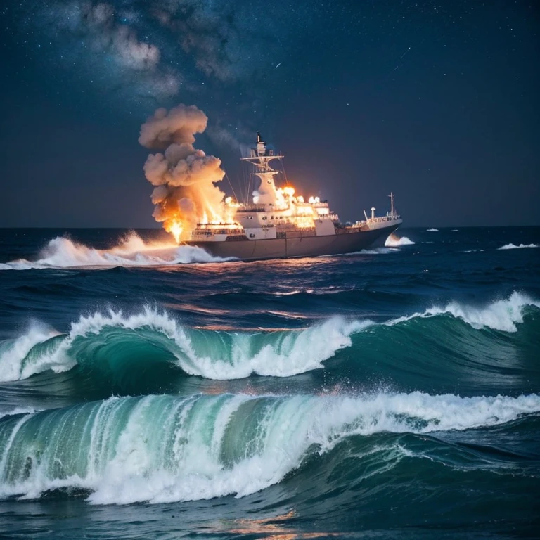 warships,Fire,火焰,the sea,Greatwave,nigh sky。