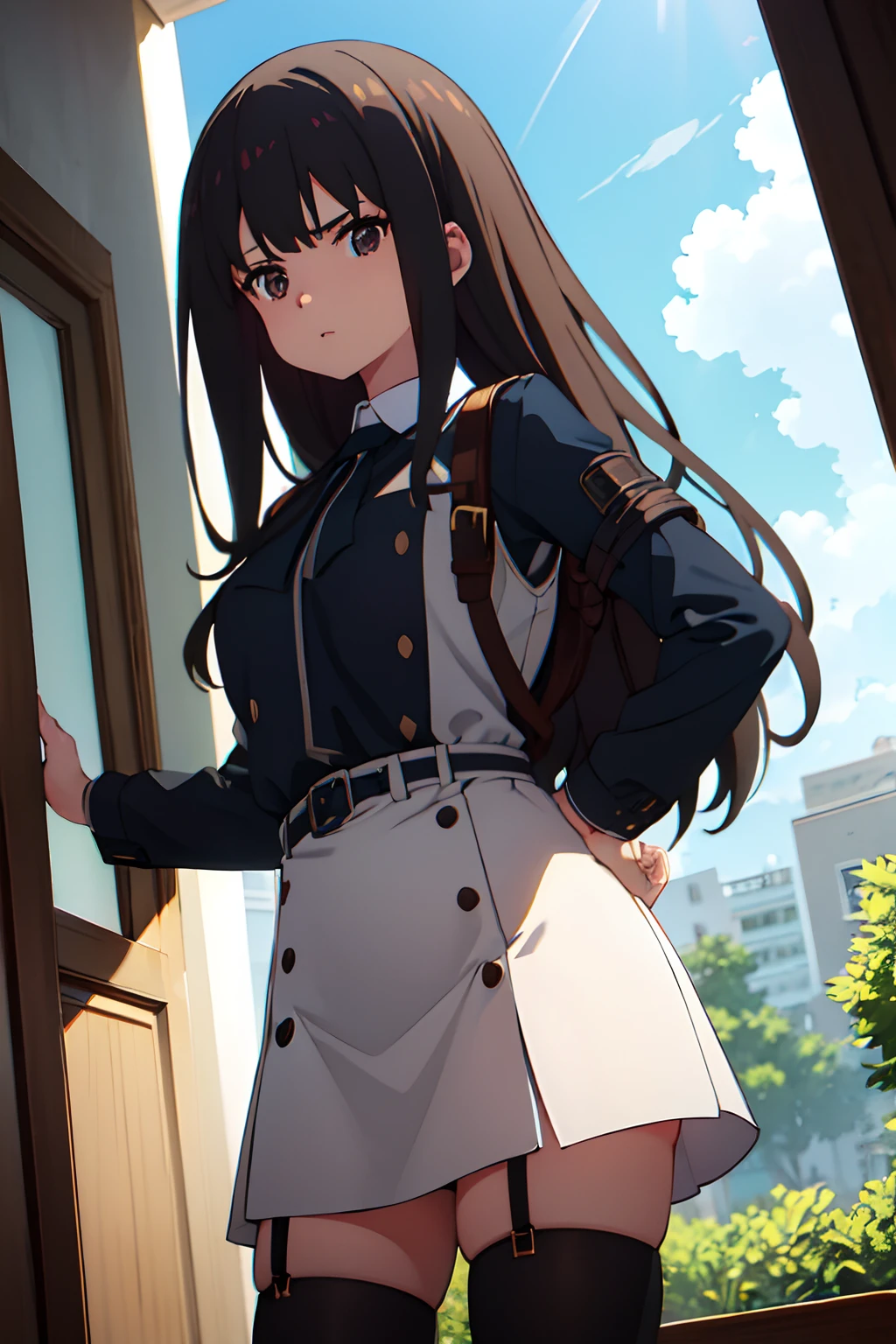 masterpiece、flat-colors、depth of fields、lens flare 1 girl、、Brown hair、watching at viewers black suspenders Bulging big breasts Armpit sweat perspiring Side of both hands walls: Black miniskirt garters Gaze Small face Bangs Upper Eyes flank holster Belt Armament Beautuful Women srestrained Hands behind your back On the bed