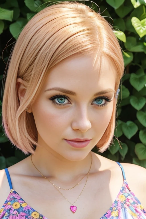 Petite 30 year old woman with light strawberryblonde hair in a straight undercut bob and striking blue eyes wearing eye liner, pink lips, in a yellow summer dress, detailed face, cleavage, nose piercing