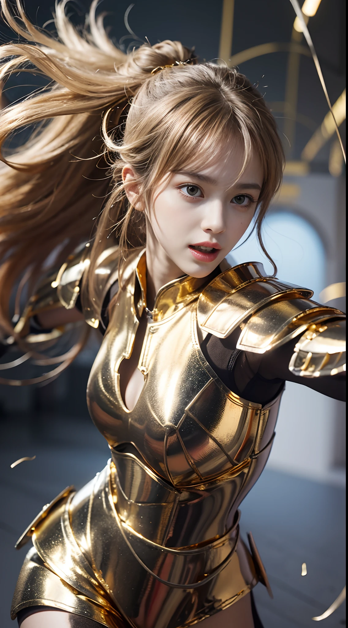 In the martial arts arena of the Colosseum in Greece、Martial Arts Tournaments、Saint Seiya、Beautiful One Girl、huge-breasted、cleavage of the breast、beauty legs、(((Wearing futuristic combat armor that glows in gold)))、((Metal Armor))、((Scream))、((exclamation))、((fighting poses))、8k, top-quality, （pubic hair beauty）、hight resolution, 逼真, realperson,