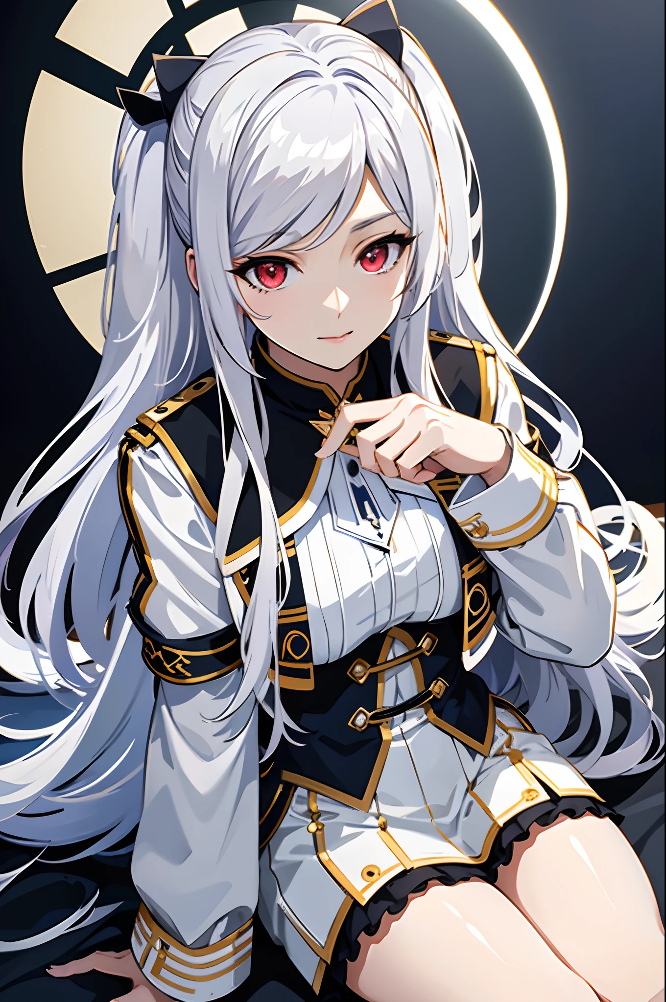 (Best quality,4K,8K,A high resolution,Masterpiece:1.2),Ultra-detailed,Realistic,Photorealistic:1.37,Anime style,Anime girl with long white hair and blue eyes sitting on bed, white haired Cangcang, Girl with white hair, white-haired god, Silver hair (pony tails), Perfect white haired girl, White-haired, white haired lady, Silver hair girl, from girls frontline, Kantai collection style, with index finger, silber hair, whaite hair, Girl silver hair, Anime Moe Art Style Pop Culture Reference SFW, (Masterpiece:1,2), Best quality, Masterpiece, A high resolution, Original, extremelydetailedwallpaper, Perfect lighting,(Extremely detailed CG:1.2),