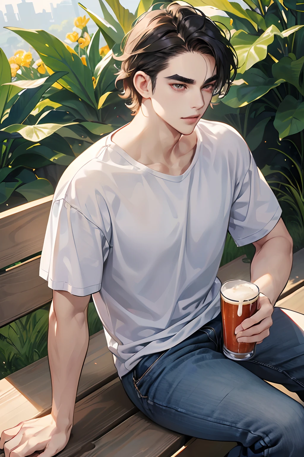 (masutepiece, Digital Art, Digital Illustration, 4K, 8K, Ultra-detailed, beautiful image, Sharp Image, Photorealistic, Raw photo, Perfect face, Perfect lines, Perfect eyes, Soft lighting) 1 male human, (A dark-haired,hair between eye,hair messy,Medium Hair,deadpan,Lowered eyebrows,Parallel eyebrows,Narrow-eyed,drooing eyes,kindly smile,ember,28 years old:1.3),Handsome men, (ember,Man in a simple white t-shirt,Loose-fitting round neck shirt,Thin macho,Firm shoulder width,Adult male:1.2),Sunny Park,Benches,sit on a bench,Loose-fitting skinny denim,Oversized hoodies,a plant,blue open sky,beer、Beer mug、drinking party、cocktails