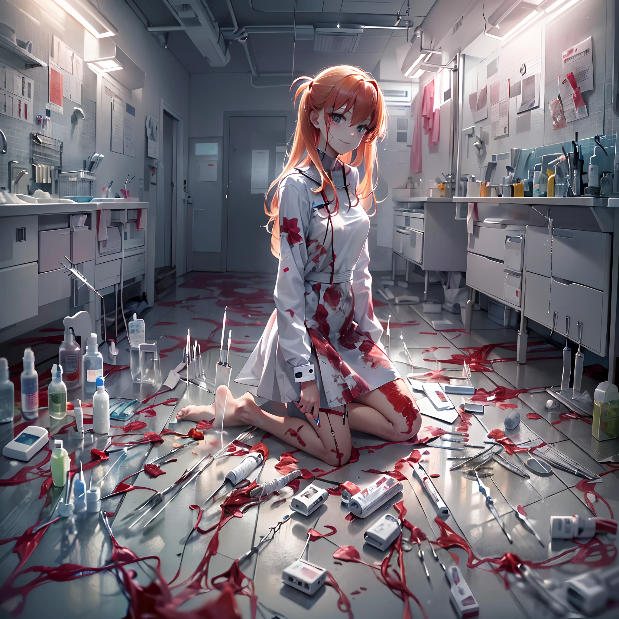 a girl standing alone, dark hospital room, looking at viewer, like Asuka Langley Soryu, creepy image, detailed and beautiful face, a fake smile, (used syringes and ampoules scattered on the floor:1.5), wearing white dress, bare feet, depth of fields, incredibly absurdres, super detailed illustration, raw photography, DeviantArt trends.