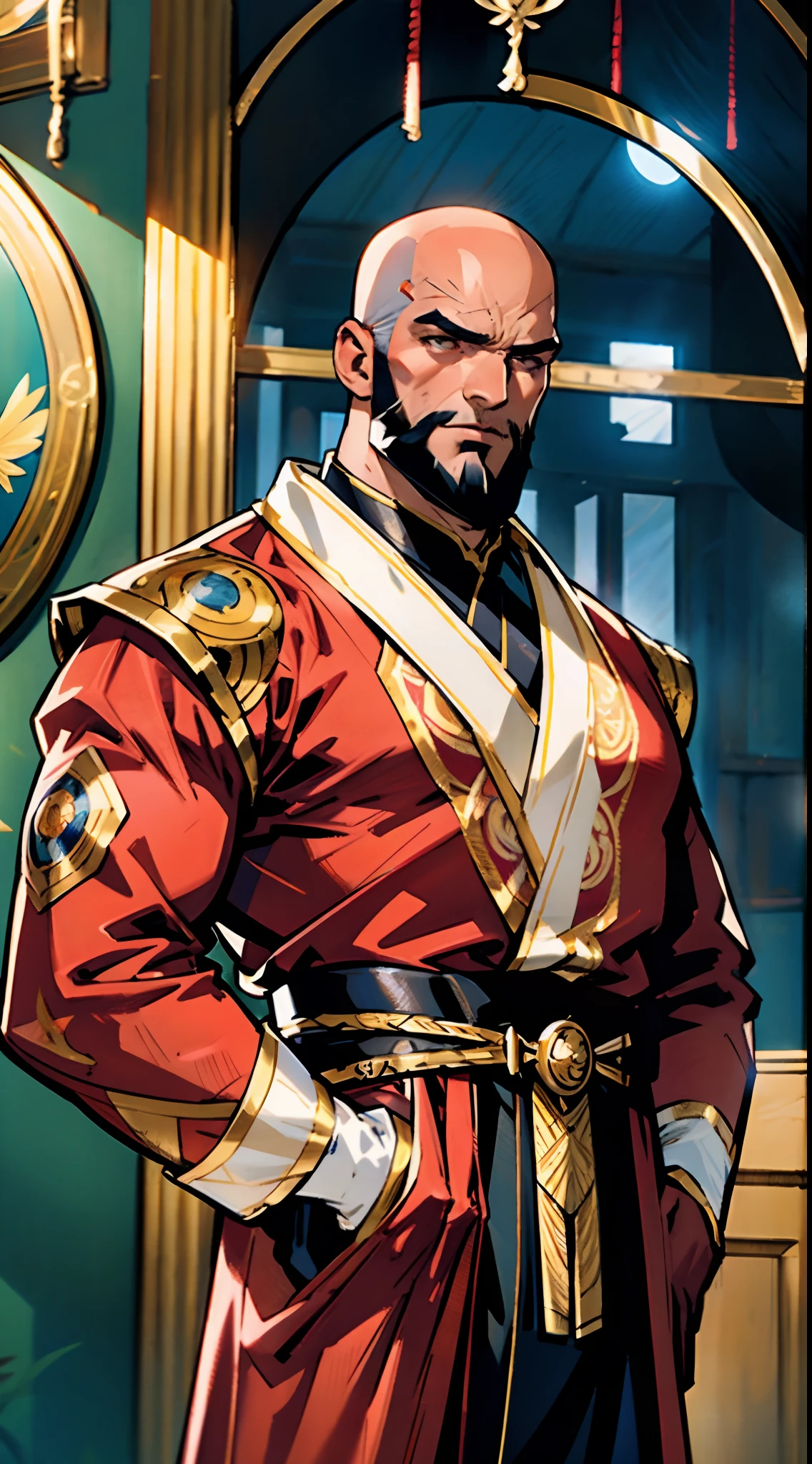 A bald middle-aged man, bold eyebrows, large and round eyes, he has a full beard, flame-shaped war paint on his face, a fantasy-style Chinese robe with intricate silk ribbons and decorations, a light-colored bodysuit, matching trousers, the scene is set in a majestic Chinese hall, this character embodies a finely crafted fantasy-style aristocratic in anime style, characterized by an exquisite and mature manga illustration art style, high definition, best quality, highres, ultra-detailed, ultra-fine painting, extremely delicate, professional, anatomically correct, symmetrical face, extremely detailed eyes and face, high quality eyes, creativity, RAW photo, UHD, 8k, Natural light, cinematic lighting, masterpiece-anatomy-perfect, masterpiece:1.5