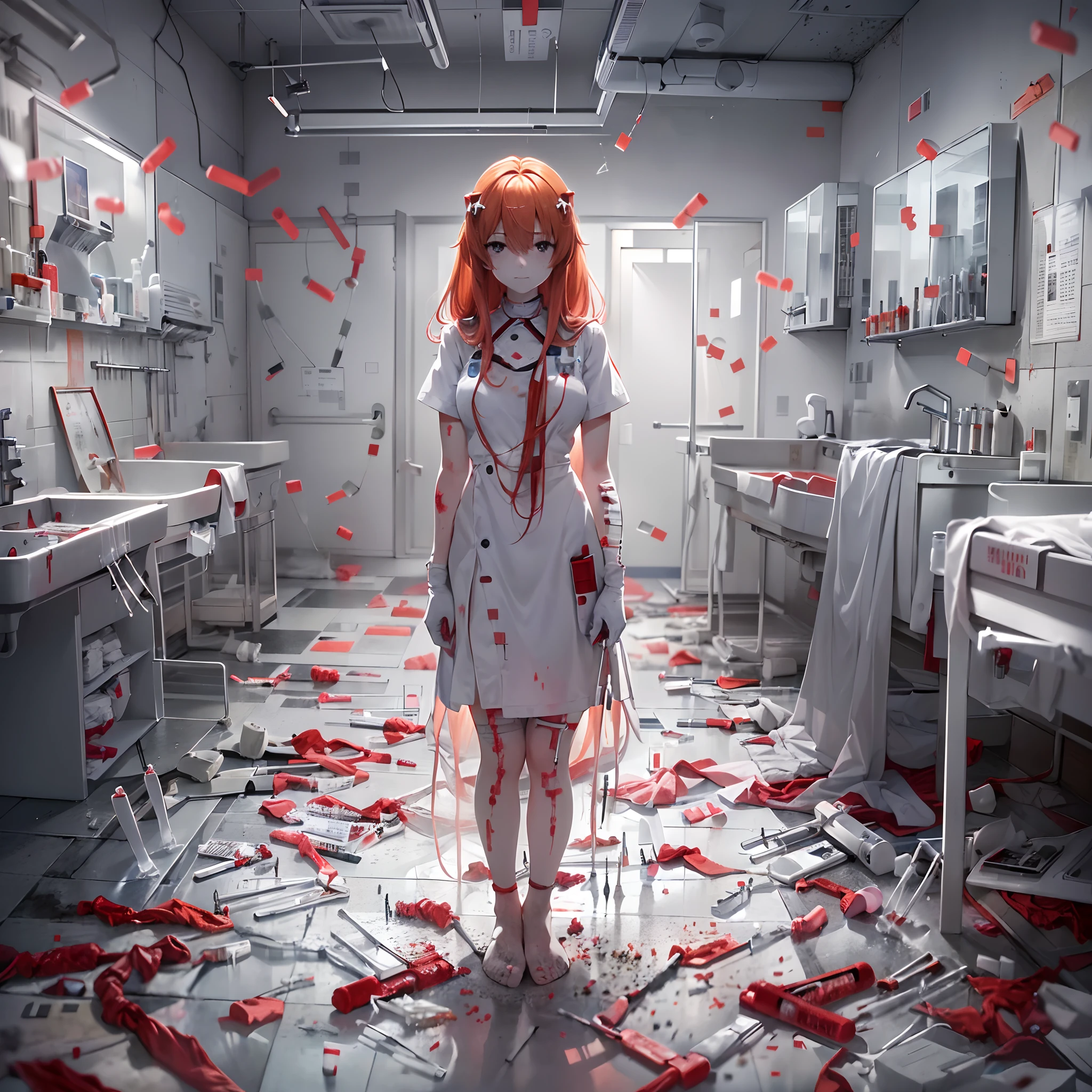 a girl standing alone, dark hospital room, looking at viewer, like Asuka Langley Soryu, creepy image, character focus, detailed and beautiful face, a fake smile, (used syringes and ampoules scattered on the floor:1.5), wearing white dress, bare feet, depth of fields, incredibly absurdres, super detailed illustration, raw photography, DeviantArt trends.