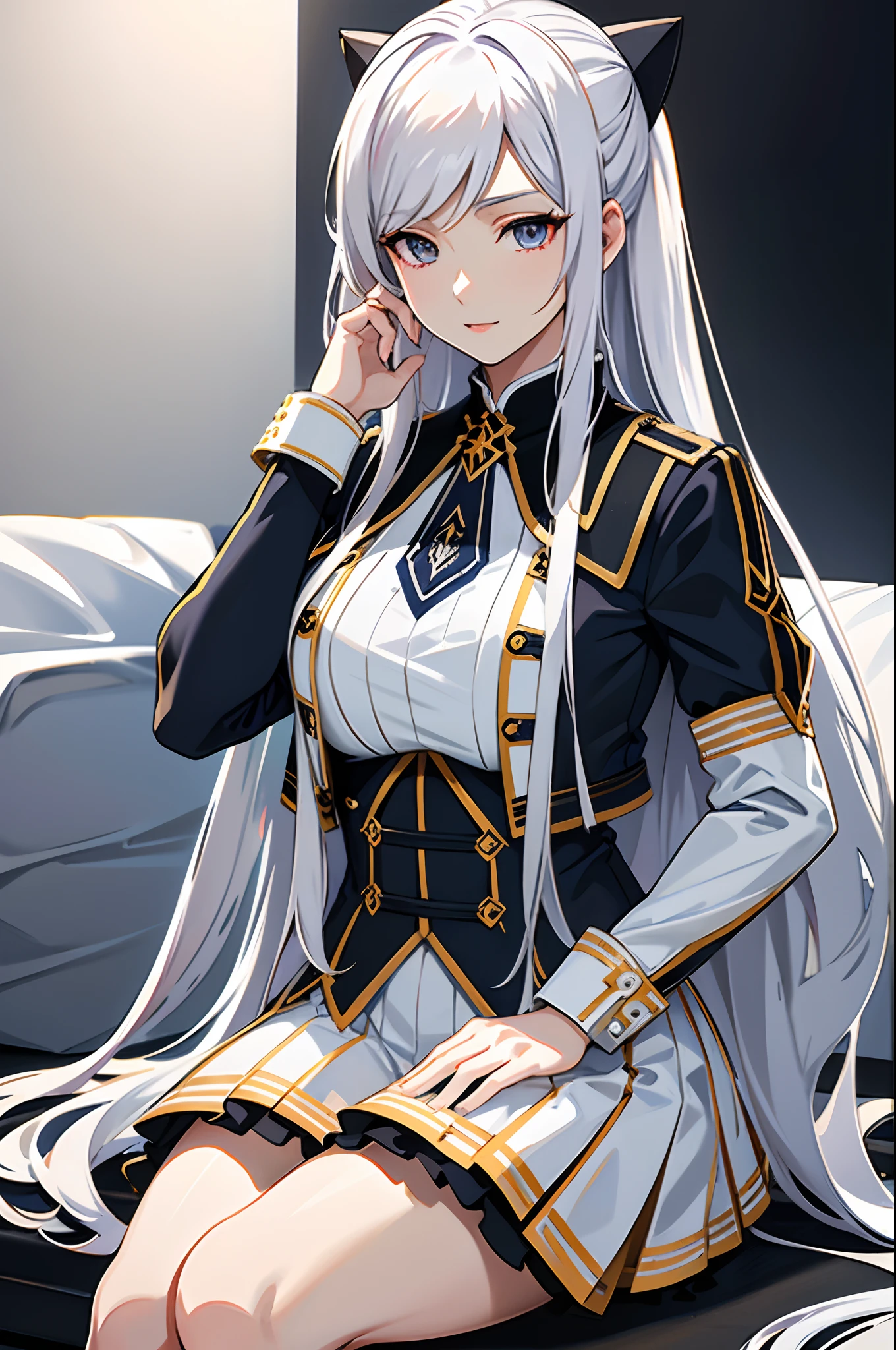 (Best quality,4K,8K,A high resolution,Masterpiece:1.2),Ultra-detailed,Realistic,Photorealistic:1.37,Anime style,Anime girl with long white hair and blue eyes sitting on bed, white haired Cangcang, Girl with white hair, white-haired god, Silver hair (pony tails), Perfect white haired girl, White-haired, white haired lady, Silver hair girl, from girls frontline, Kantai collection style, with index finger, silber hair, whaite hair, Girl silver hair, Anime Moe Art Style Pop Culture Reference SFW, (Masterpiece:1,2), Best quality, Masterpiece, A high resolution, Original, extremelydetailedwallpaper, Perfect lighting,(Extremely detailed CG:1.2),