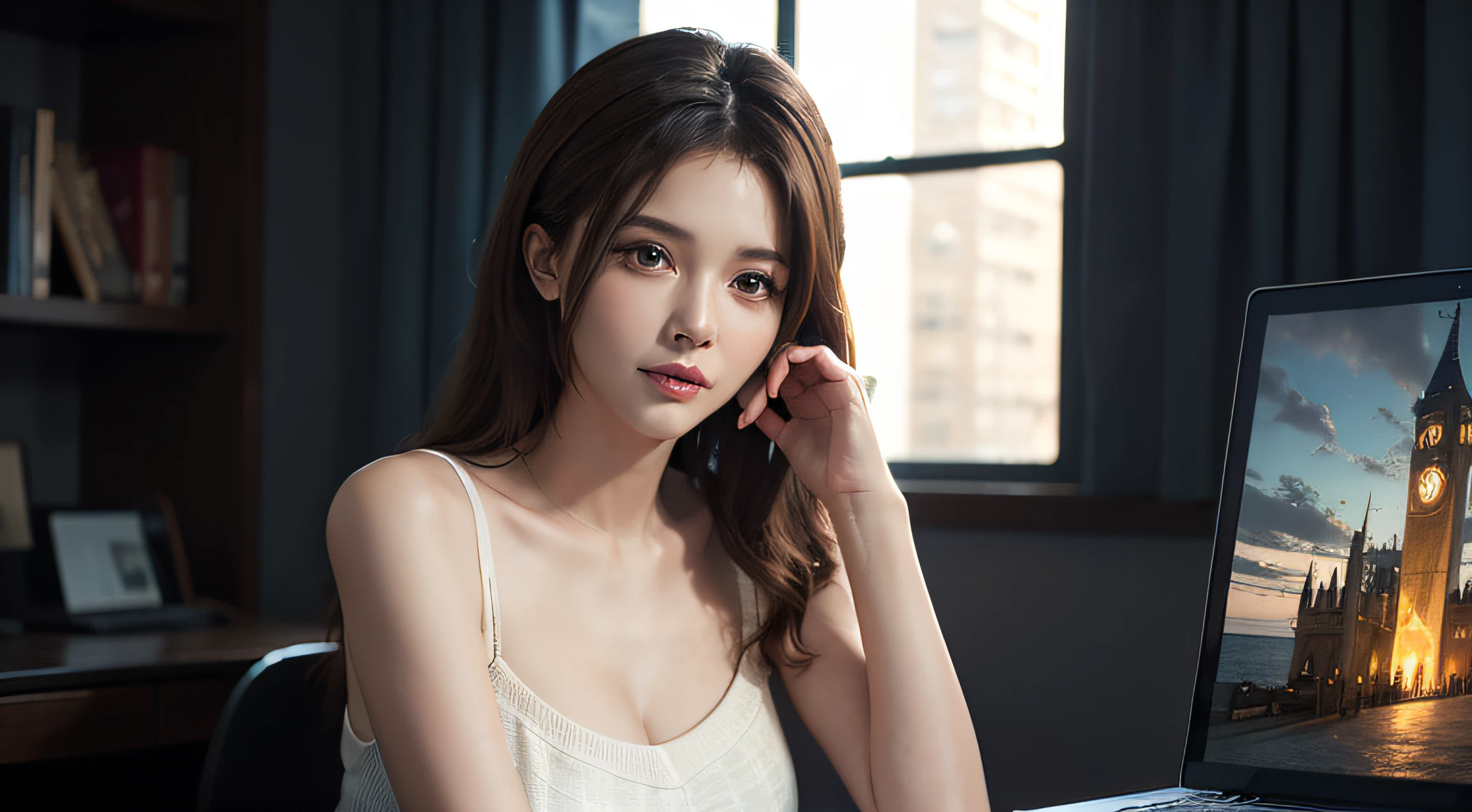 Fantasy Art, Photorealism, Dynamic lighting, art stations, poster for, Volumetric lighting, extra detailed face, (Official uniform: 1.4), Long hair, Sweaters, Delicate collarbones, Bare shoulders, Full breasts