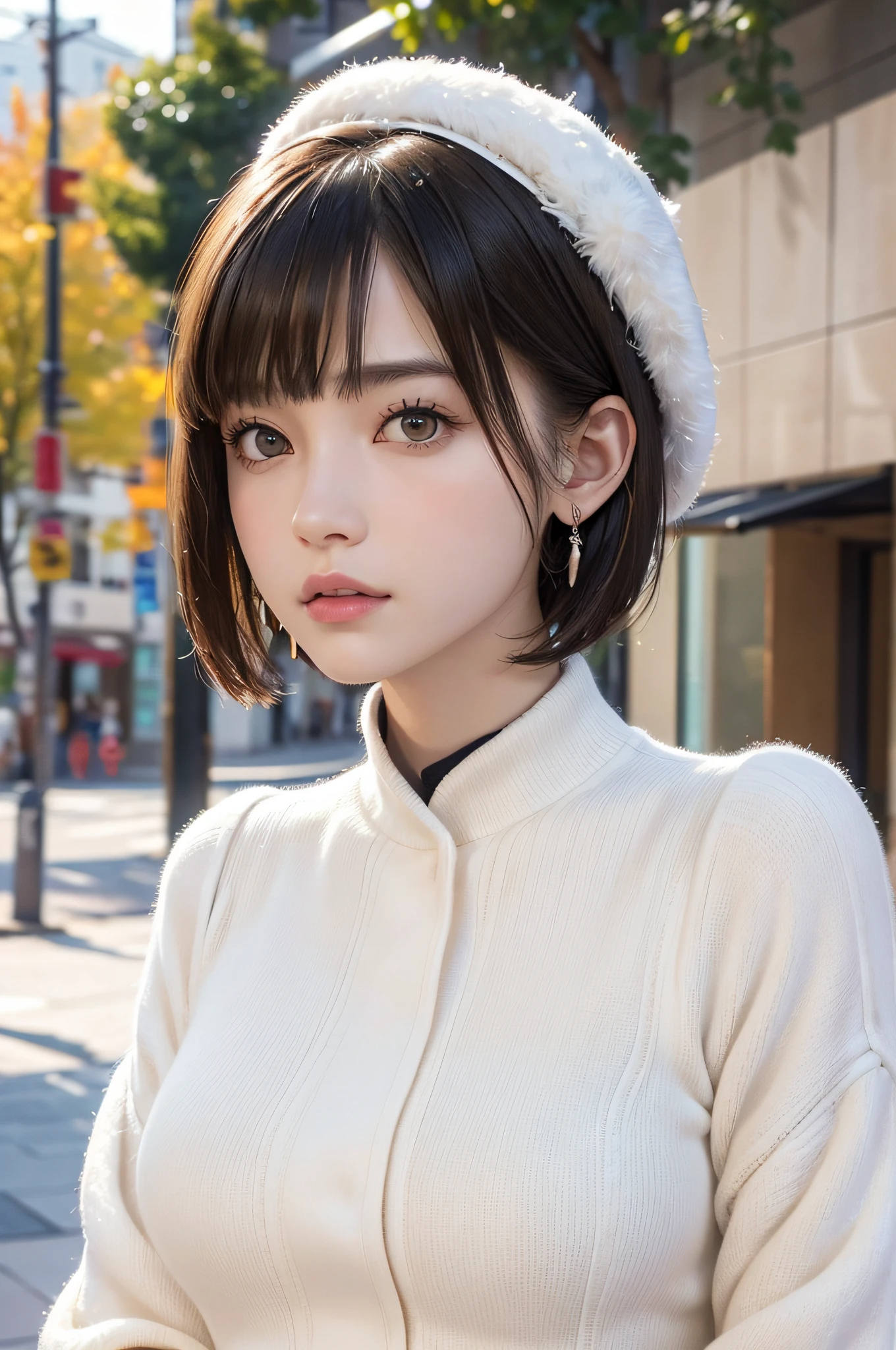 (8k, RAW photos, top quality, masterpiece: 1.2), ultra detailed, super resolution, (real, real photos: 1.37), portraits, high definition RAW color photos, professional photos, very detailed and beautiful, highly detailed, 8k wallpapers, amazing details, huge file size, official art, highly detailed CG Unity 8k wallpapers, highly detailed beautiful girls, highly detailed faces, Highly Detailed Eyes, Highly Detailed Skin, Highly Detailed Fingers, Very Detailed Nose, Highly Detailed Detailed Mouth, Perfect Anatomy, Detailed Background, Detailed Clothes, One Girl, (20:1.2), 20s, Cute Girl, Realistic Body, Petite, White Skin, Radiant Skin, Slim Body, Black Hair, Short Hair, (Blunt Bangs: 1.2), Cute, Youthful, Pretty Face, Realistic Face, Delicate Eyes, Sale Eyes, ( (Fashionable winter clothes)), ((Up)), ((((Short hair)))), Earrings, Looking at the camera, Cowboy shot, Facing Front, Standing Posture, Contrapposto, Dynamic Lighting, C Cup Breasts,Sakura Miko、