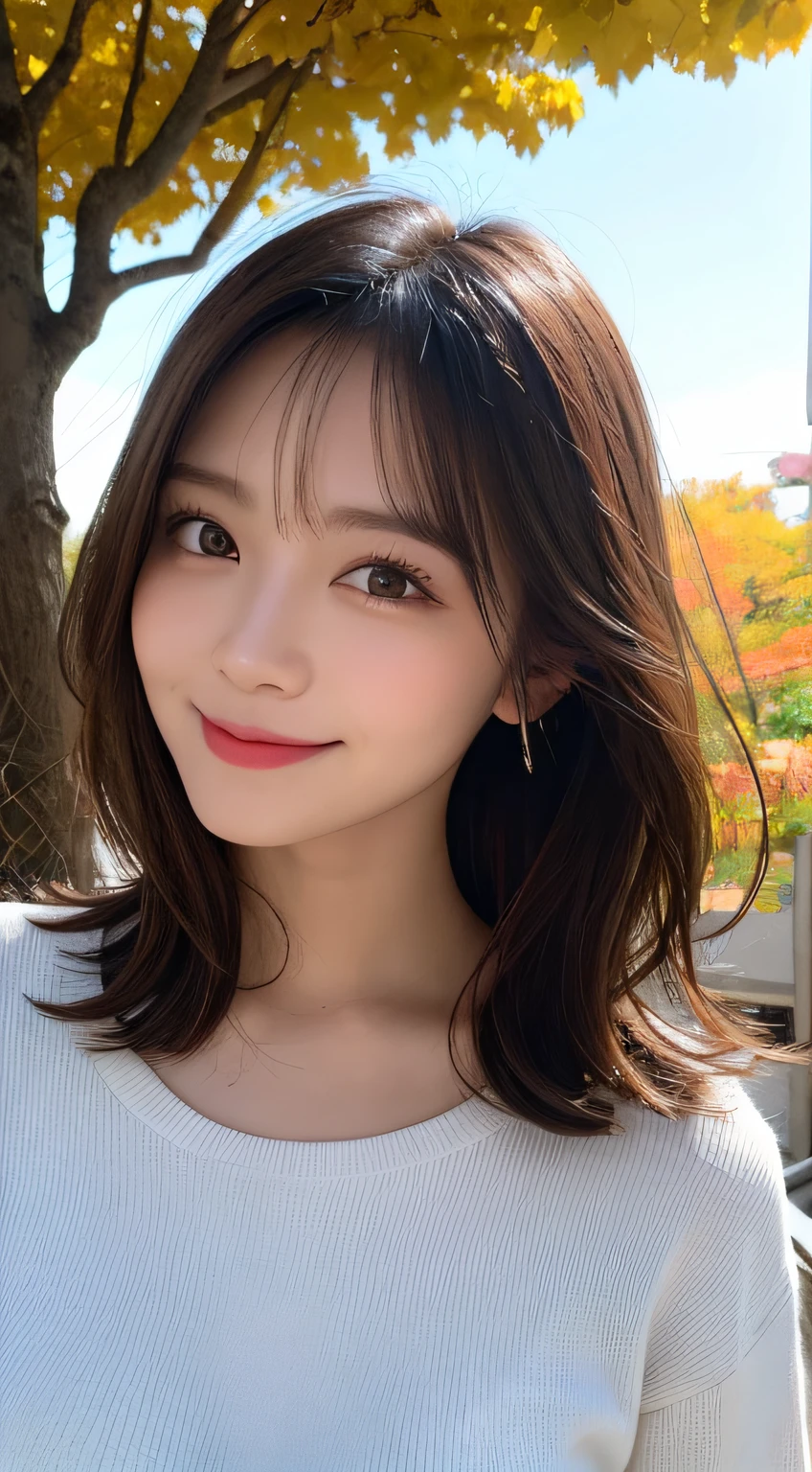 Highest quality, ,smile、Beautiful teeth alignment、Light brown hair、Dark eyeliner、Short Haircut、Long sleeve blouse、ear piercing、necklace, , Face Focus、The background is the building&#39;s corridor.