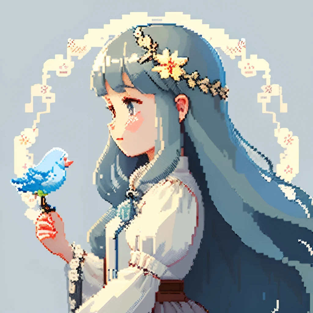 Pale light blue antique dress、Pale brown long-haired girl、Blunt bangs、profile、Pixel art、Pixel Art Illustration、pixels、Plain background、Upper body 、For icons、pixels_Art Book,Composition centered on the face、Straight face、Floral hair ornament、pixels、Game-style illustration、Pixel art、pixels、Light shading、Fluttering hair、Back hair fluttering in the wind、pixels、Pixel art、Pixel art