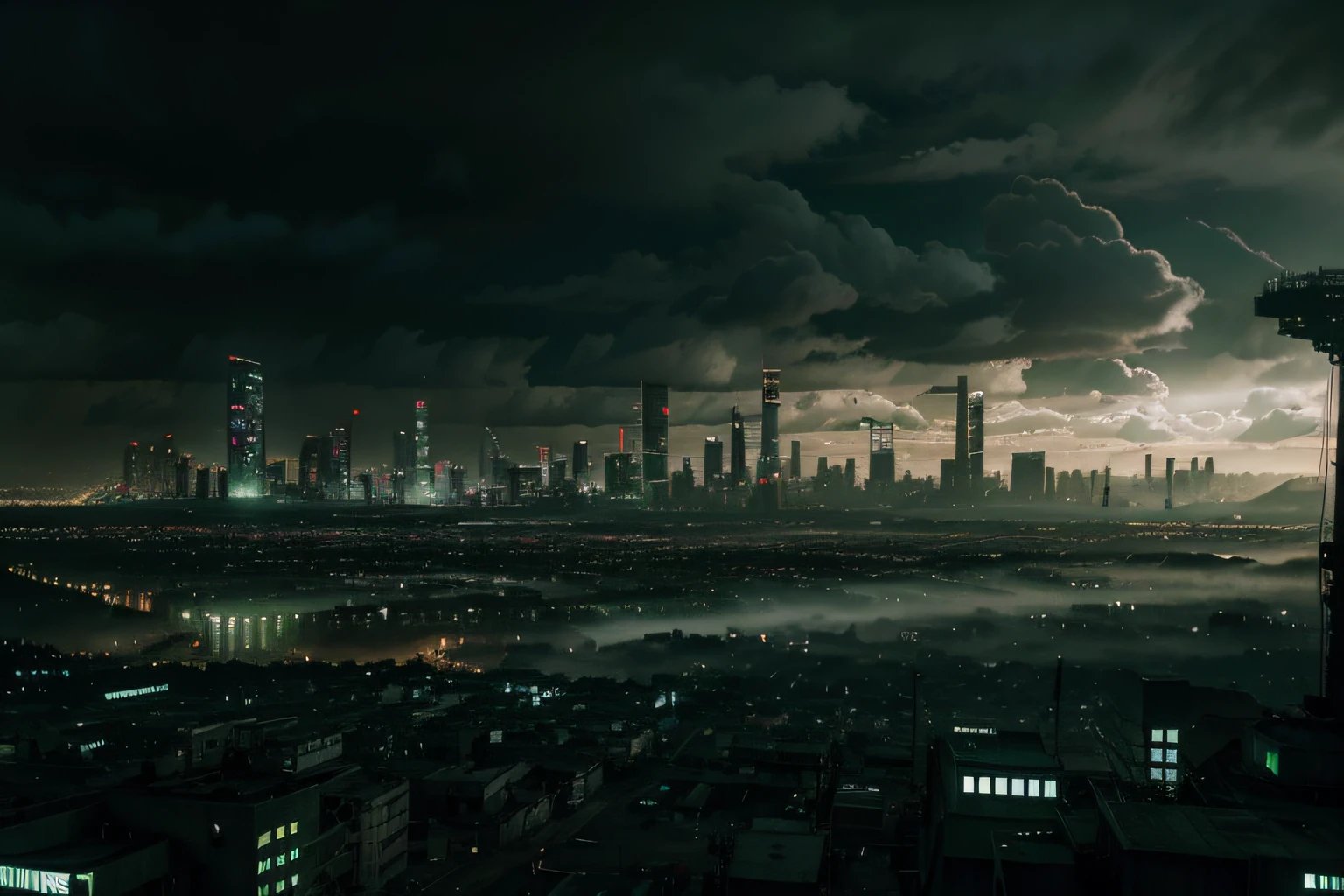 gloomy landscape, hopeless cyberpunk dystopian cityscape in green gray steel lights