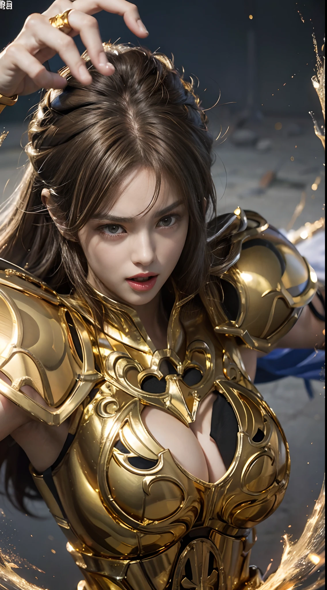 In the martial arts arena of the Colosseum in Greece、Martial Arts Tournaments、Saint Seiya、Beautiful One Girl、huge-breasted、cleavage of the breast、beauty legs、(((Wearing futuristic combat armor that glows in gold)))、((Metal Armor))、((Scream))、((exclamation))、((fighting poses))、8k, top-quality, （pubic hair beauty）、hight resolution, 逼真, realperson,